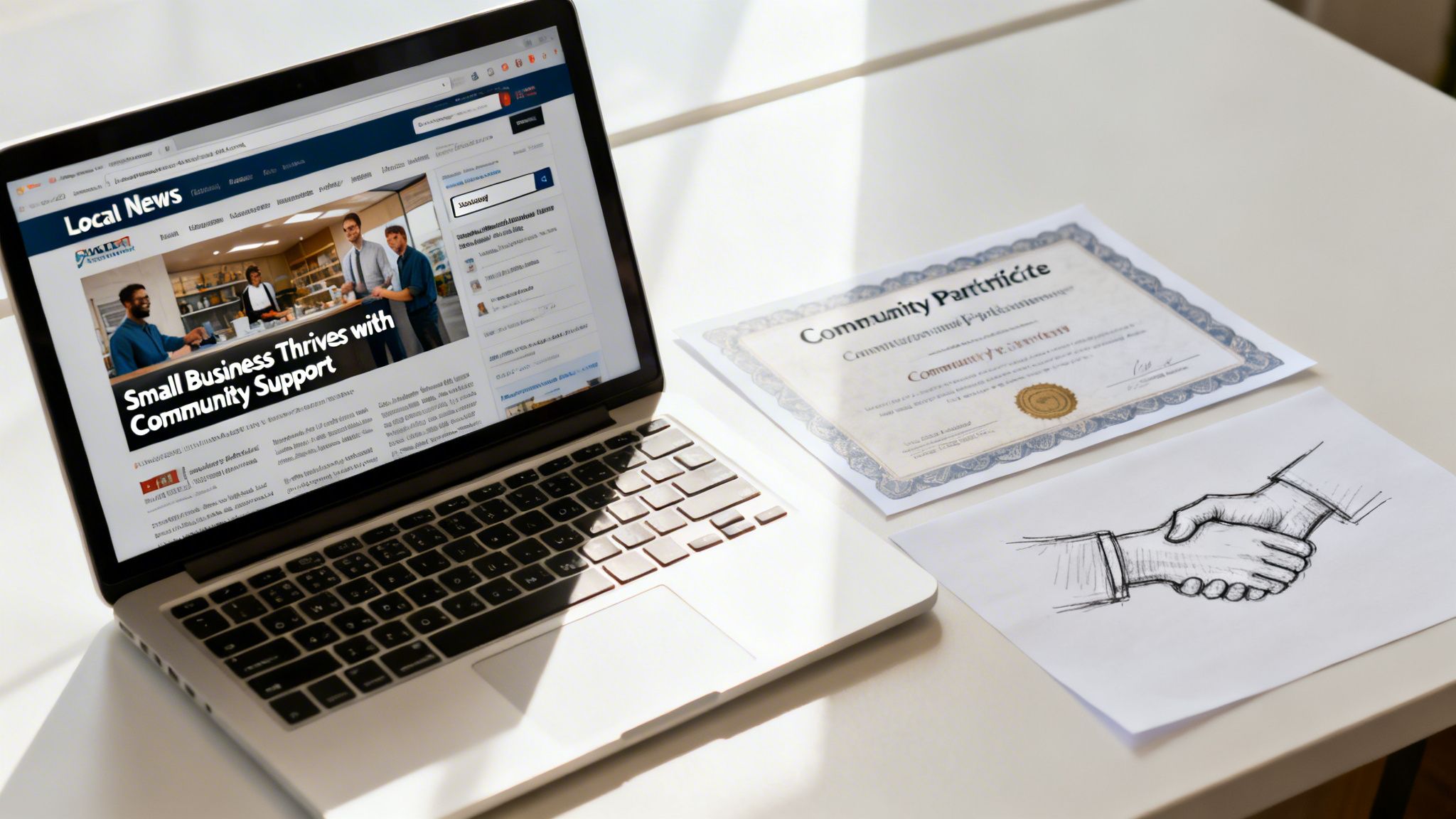 Laptop displaying news about small business community support, alongside a certificate and a handshake drawing.