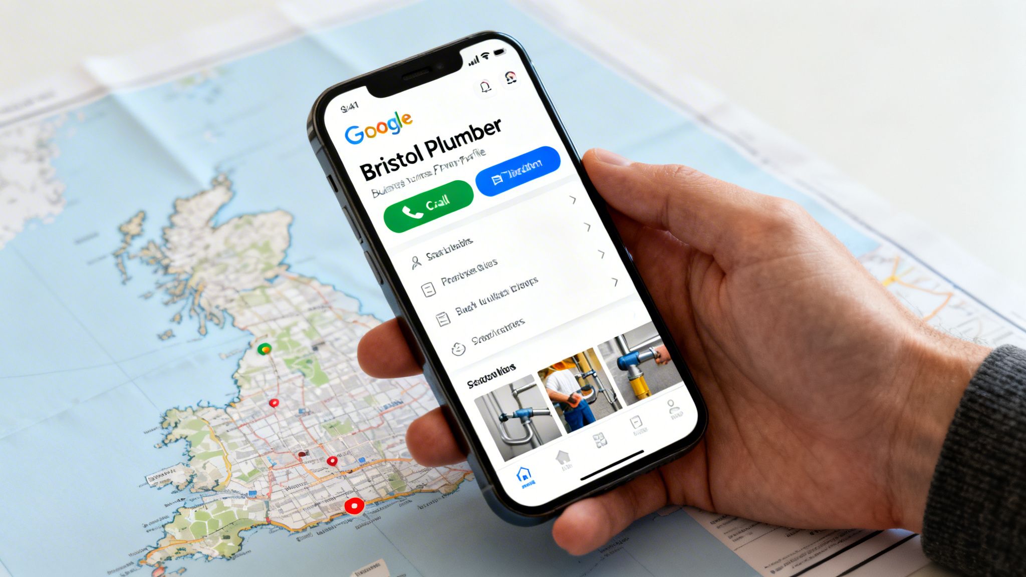 A hand holds a smartphone showing a Google Business Profile for 'Bristol Plumber' over a UK map.