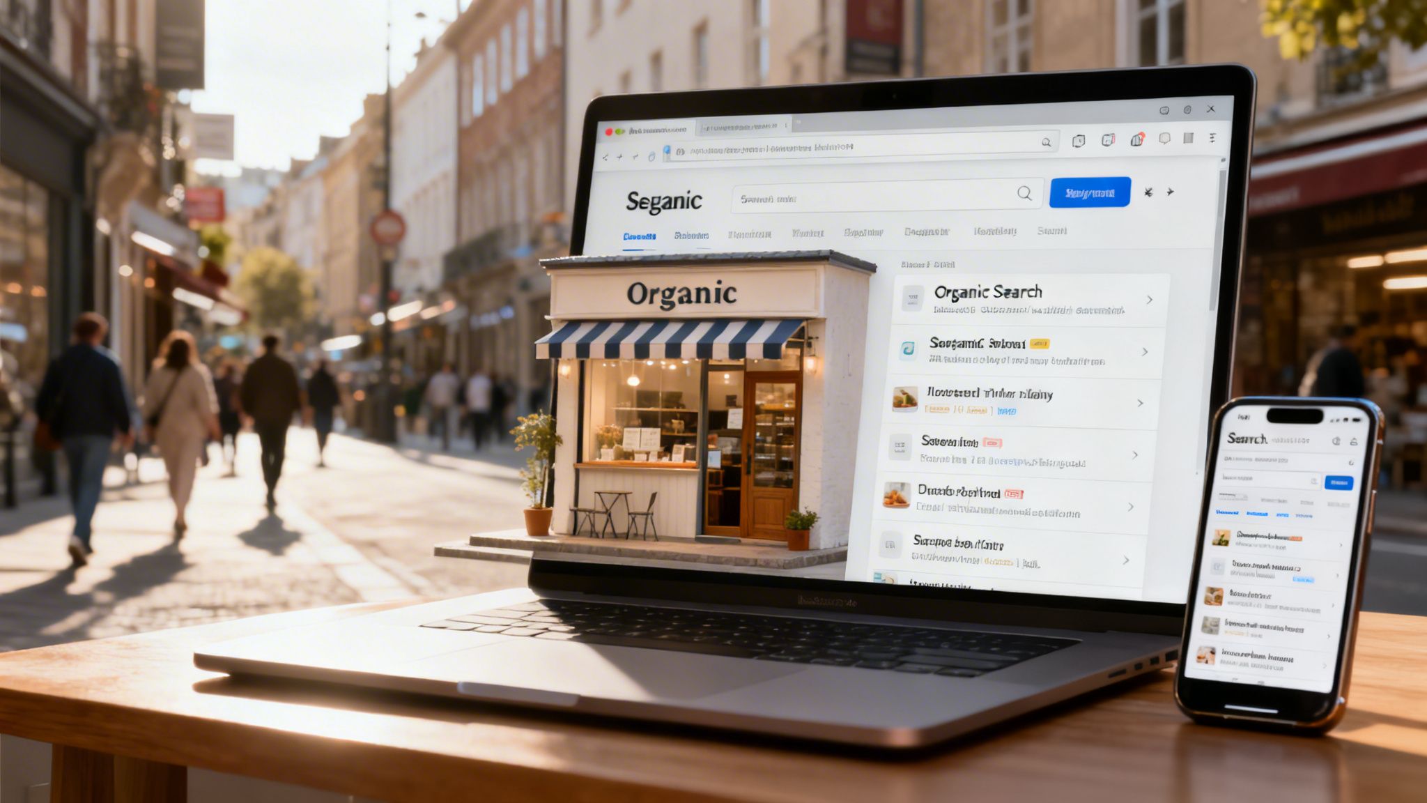 A laptop and smartphone display an 'Organic' store storefront and search results on a busy city street.