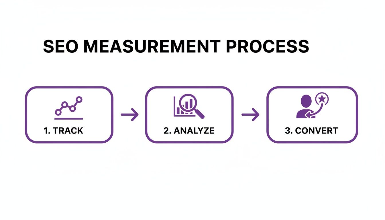 A diagram illustrating the SEO measurement process, showing three steps: Track, Analyze, and Convert.