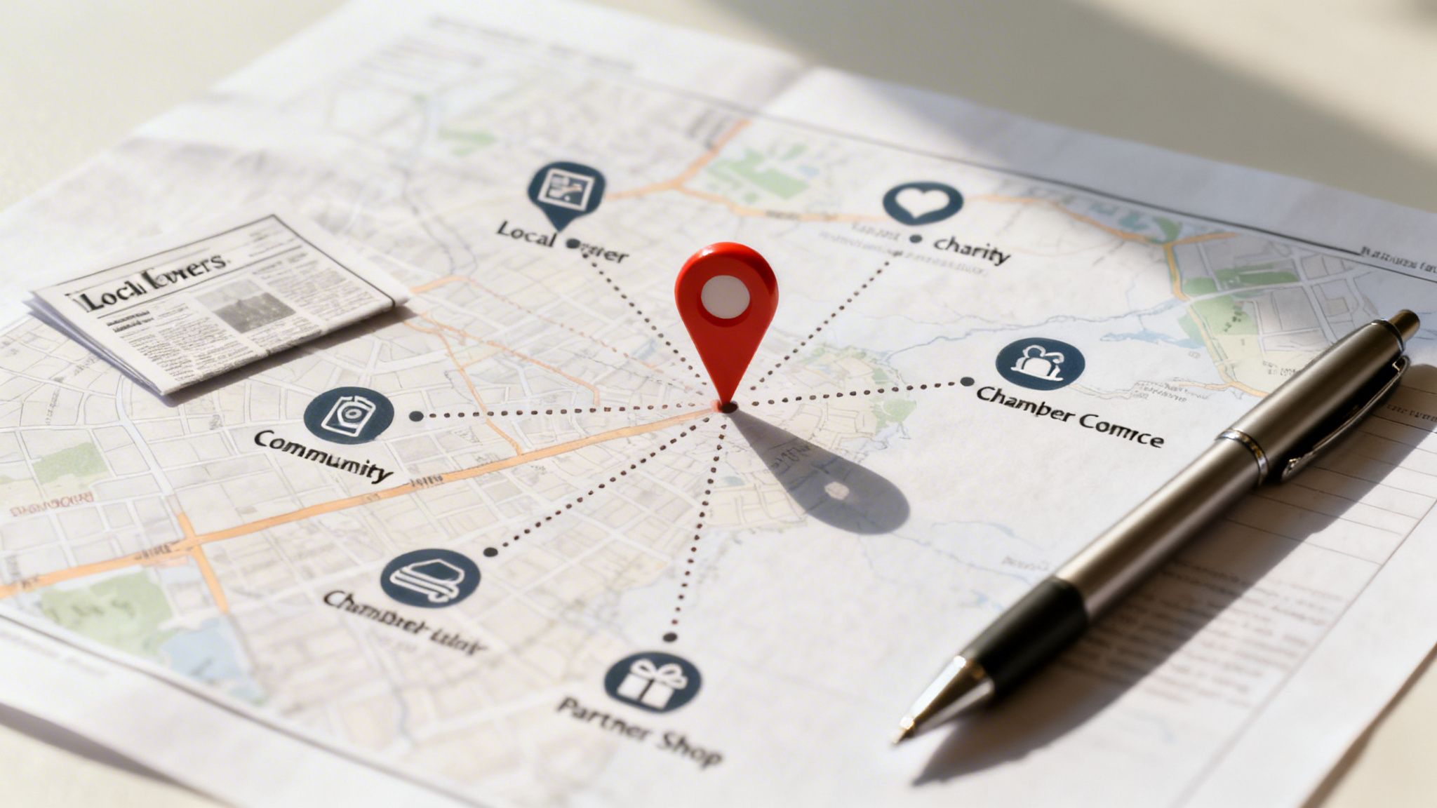 A map showing a central location pin connected to local community services and businesses.