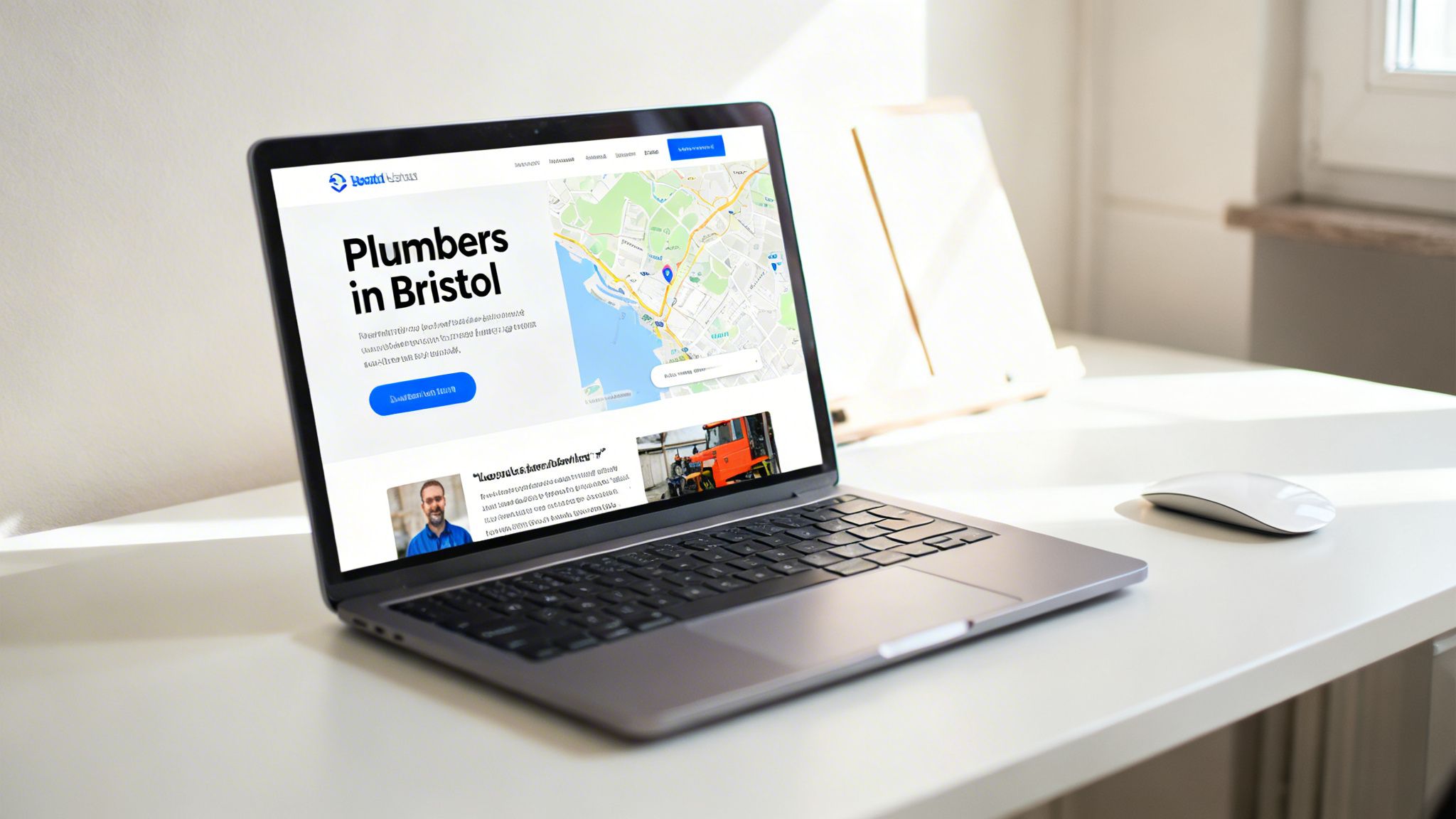 A laptop displaying a website for plumbers in Bristol with a map and a blue call to action button.