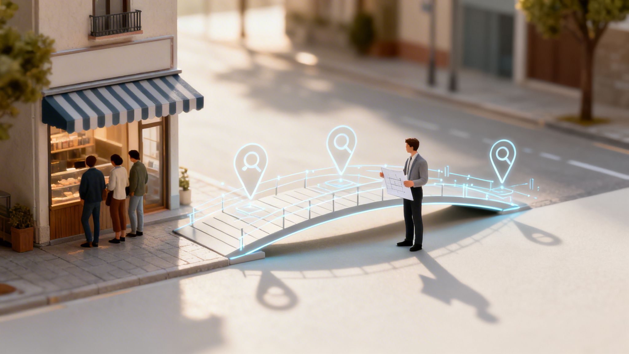 Diorama showing a small business storefront with people, and a man on a glowing digital bridge with location pins.