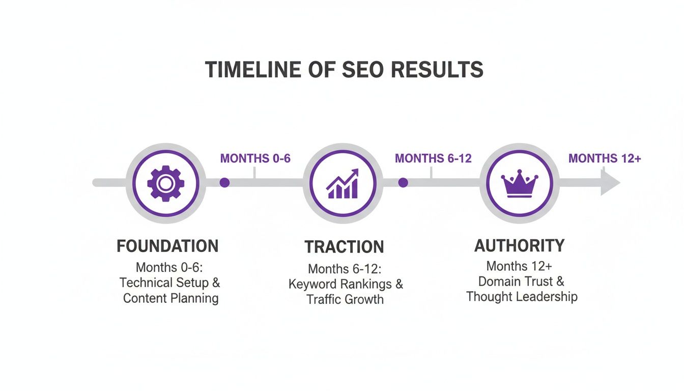 Timeline of SEO results showcasing Foundation, Traction, and Authority stages over different months.