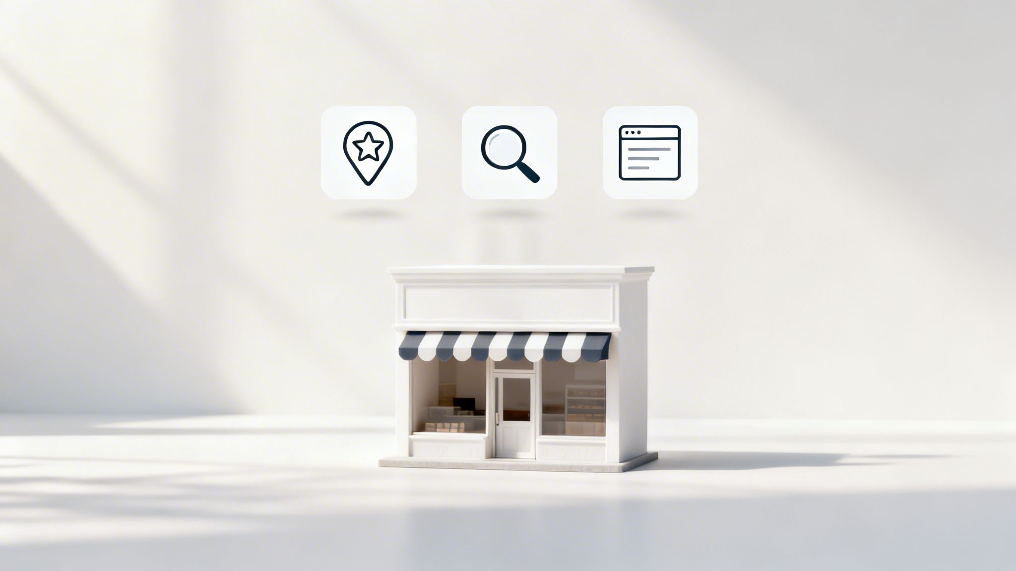 Small business store model with icons for local search, online search, and website presence.