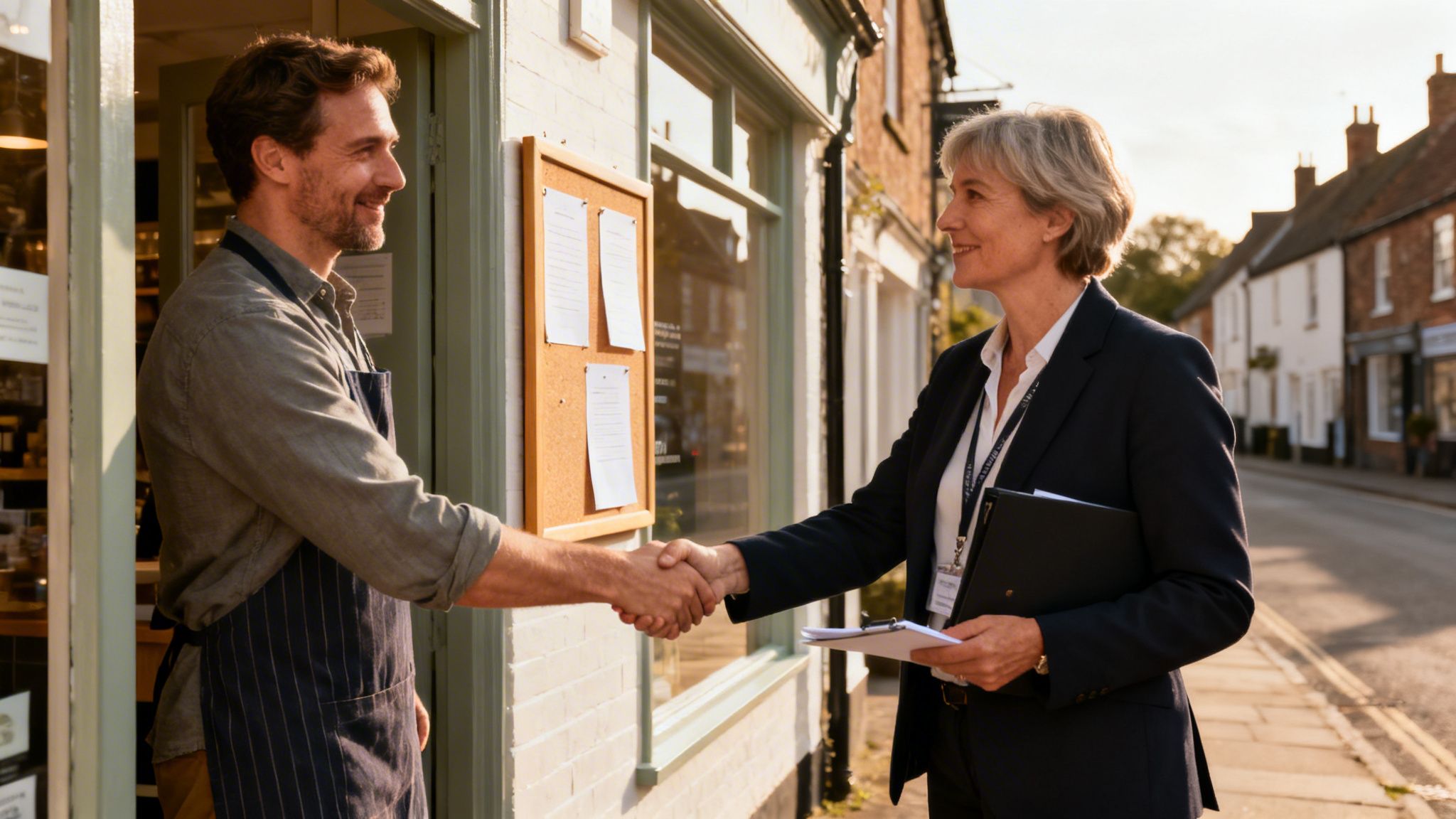 A smiling male shop owner shaking hands with a female business professional outdoors.