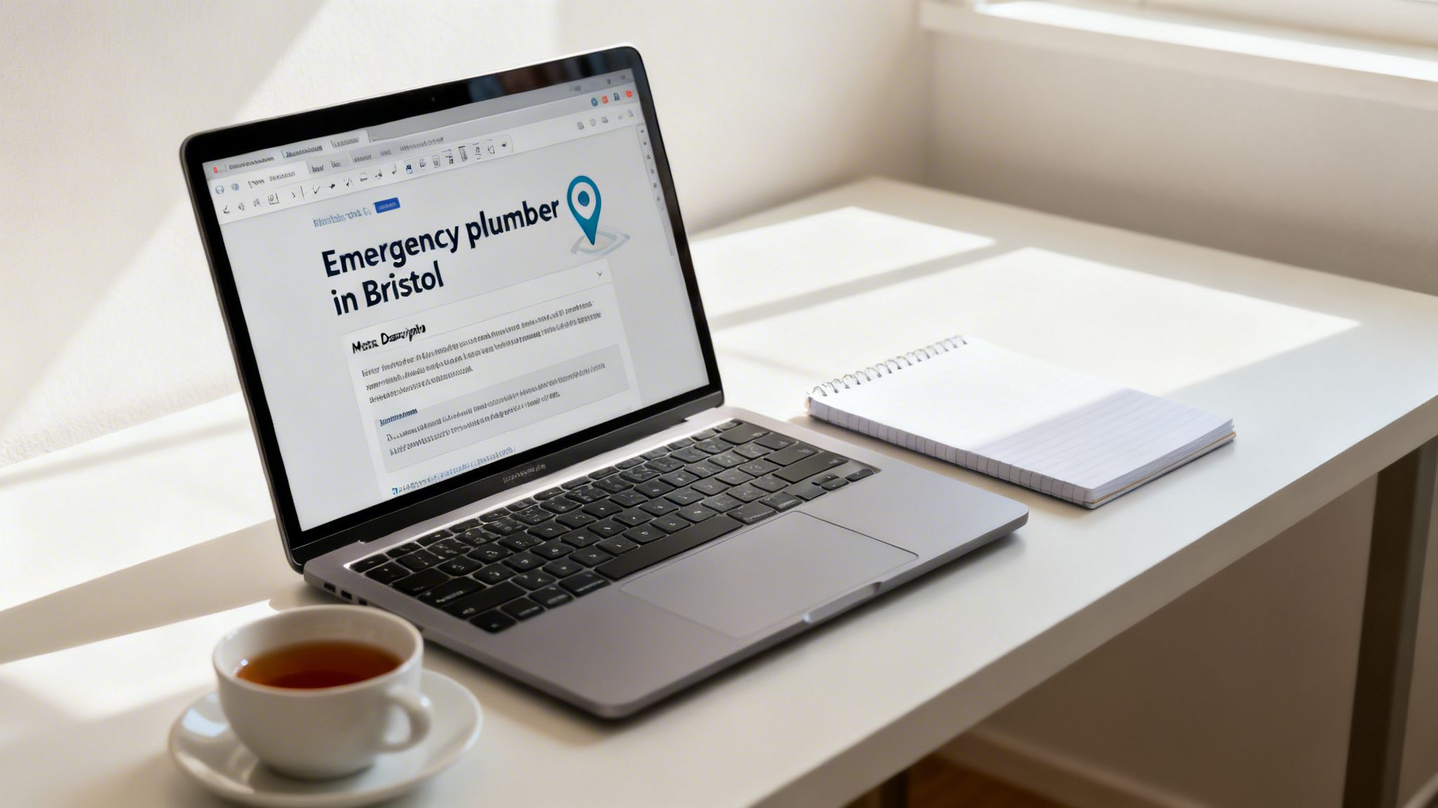 A laptop displaying an 'Emergency plumber in Bristol' page, a cup of tea, and a notebook on a desk in sunlight.