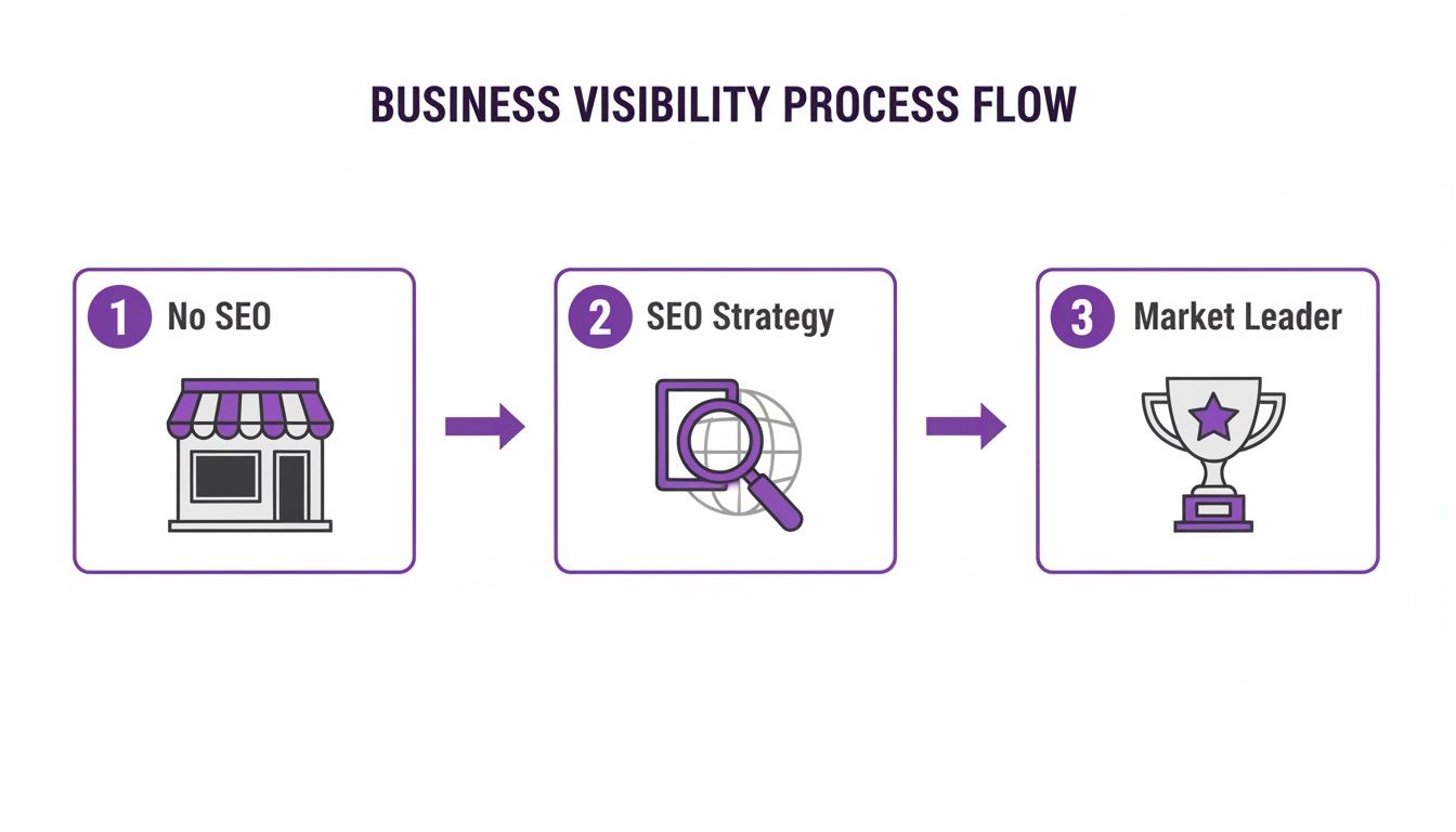 A process flow showing business visibility from no SEO, to SEO strategy, and finally to market leader.