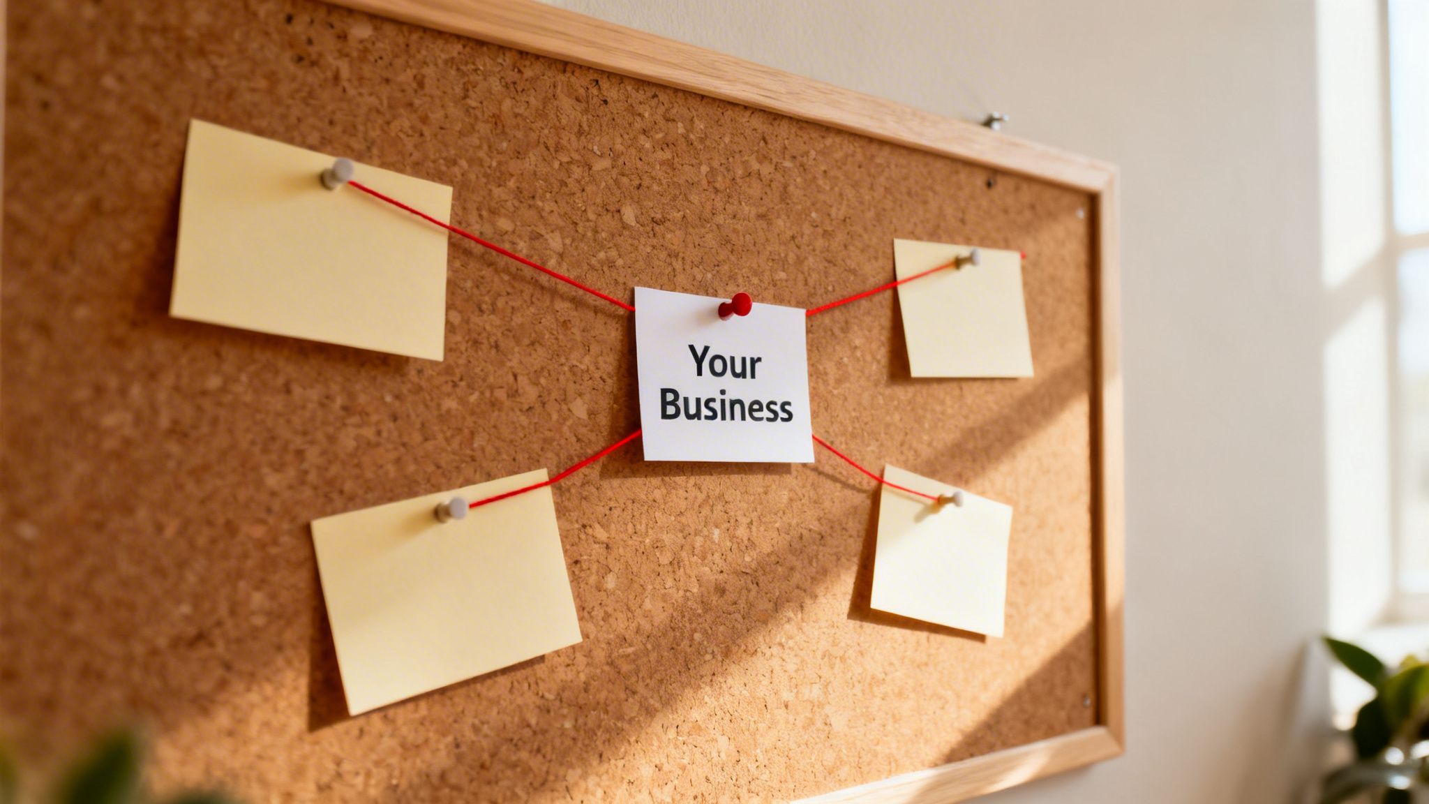A cork board with 'Your Business' note connected by red strings to four blank sticky notes.