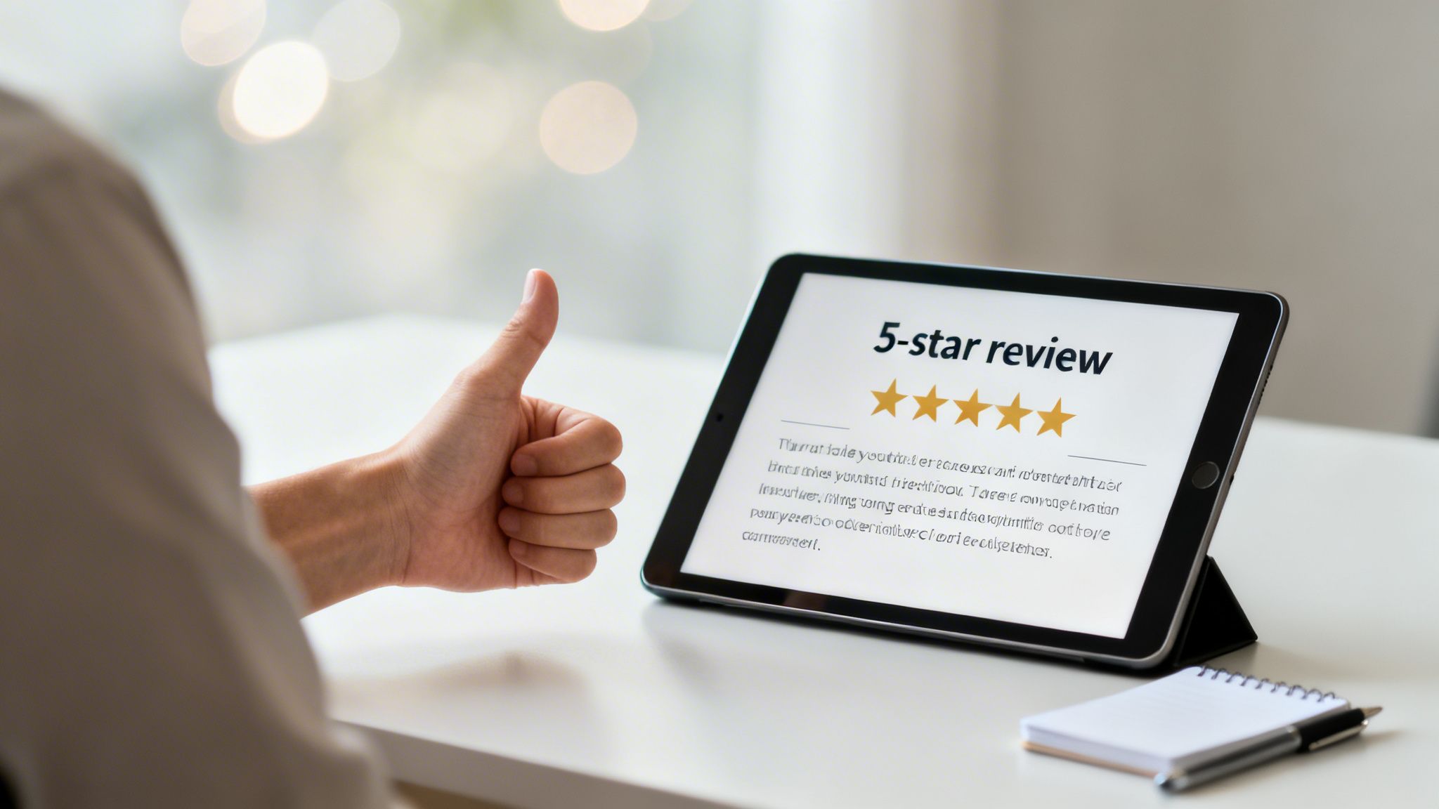 A person gives a thumbs-up next to a tablet displaying a 5-star customer review.