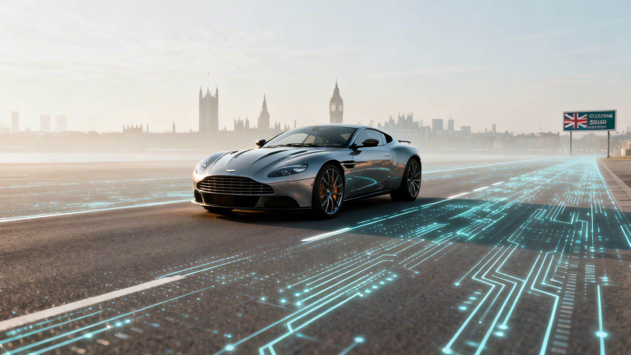 A silver Aston Martin sports car on a futuristic road with glowing circuits, a misty city skyline in the background.
