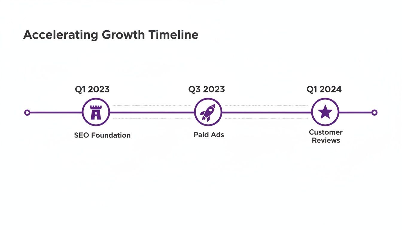 A timeline showing accelerating growth strategies for web marketing: SEO foundation, paid ads, and customer reviews.
