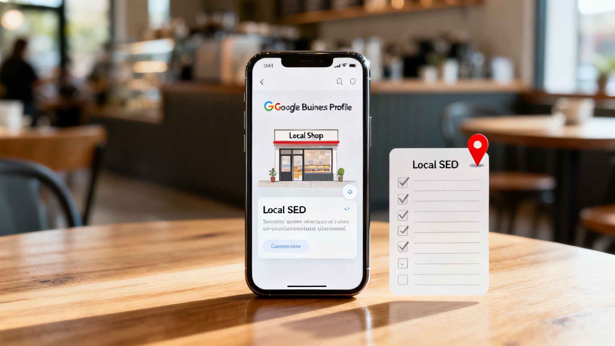 A smartphone displays a Google Business Profile for a local shop and a 'Local SEO' checklist.