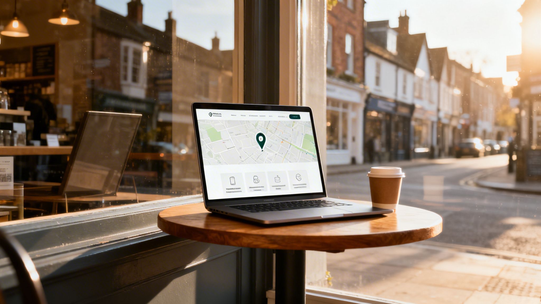A laptop and a coffee cup on a wooden table in a cafe, overlooking a sunny street with buildings.