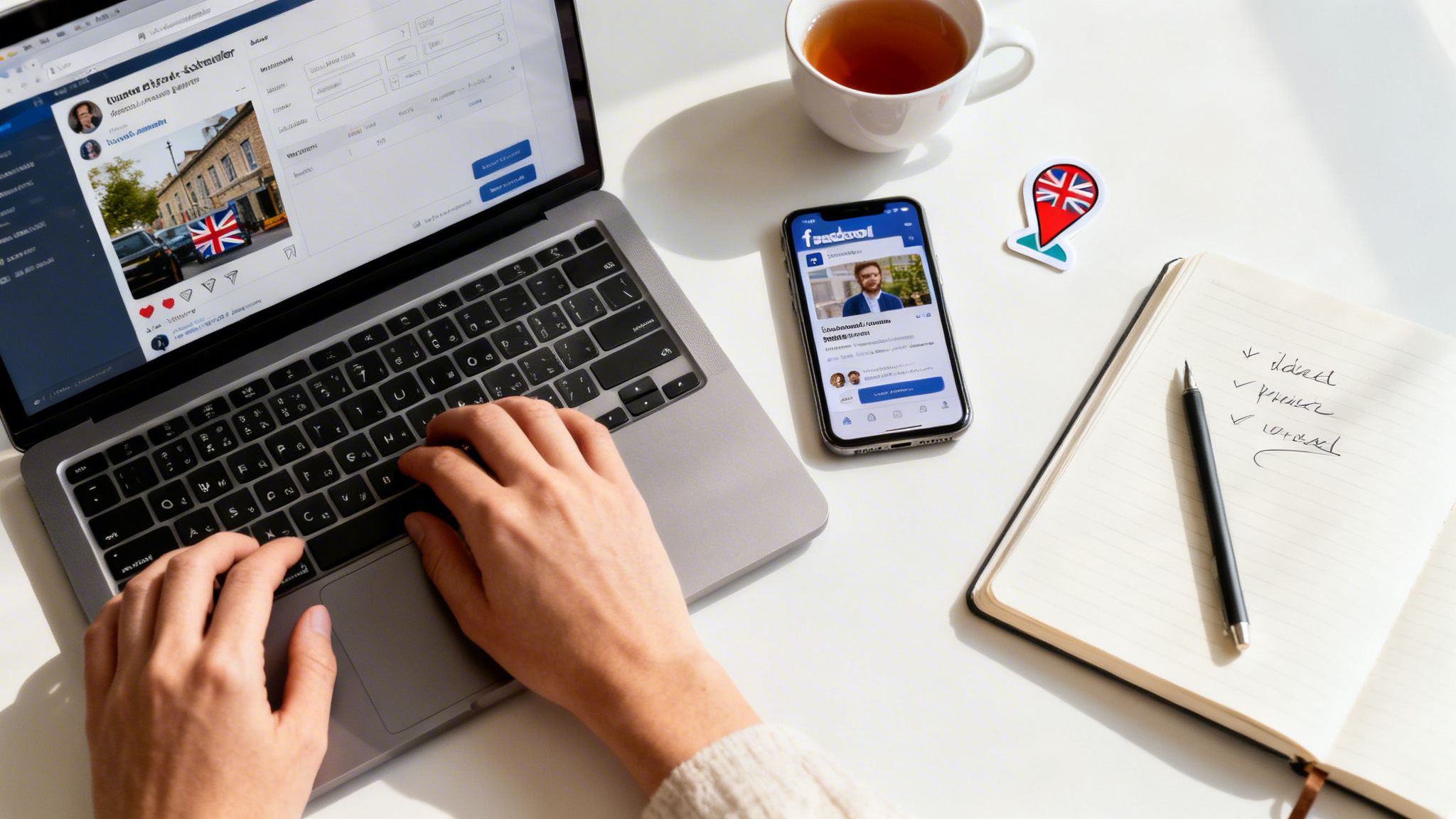 Overhead view of hands typing on a laptop with a smartphone and tea on a clean desk.