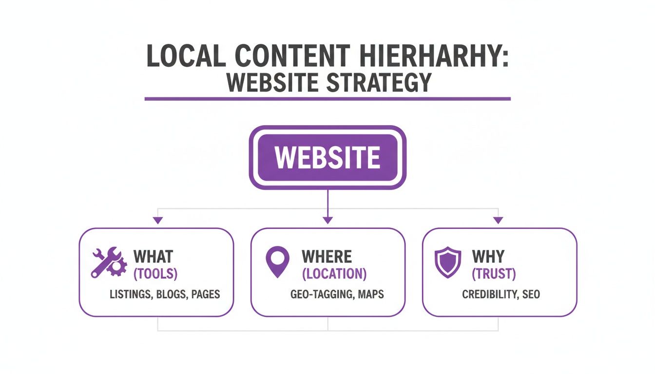 A flowchart illustrating local content hierarchy for website strategy, detailing what, where, and why components.