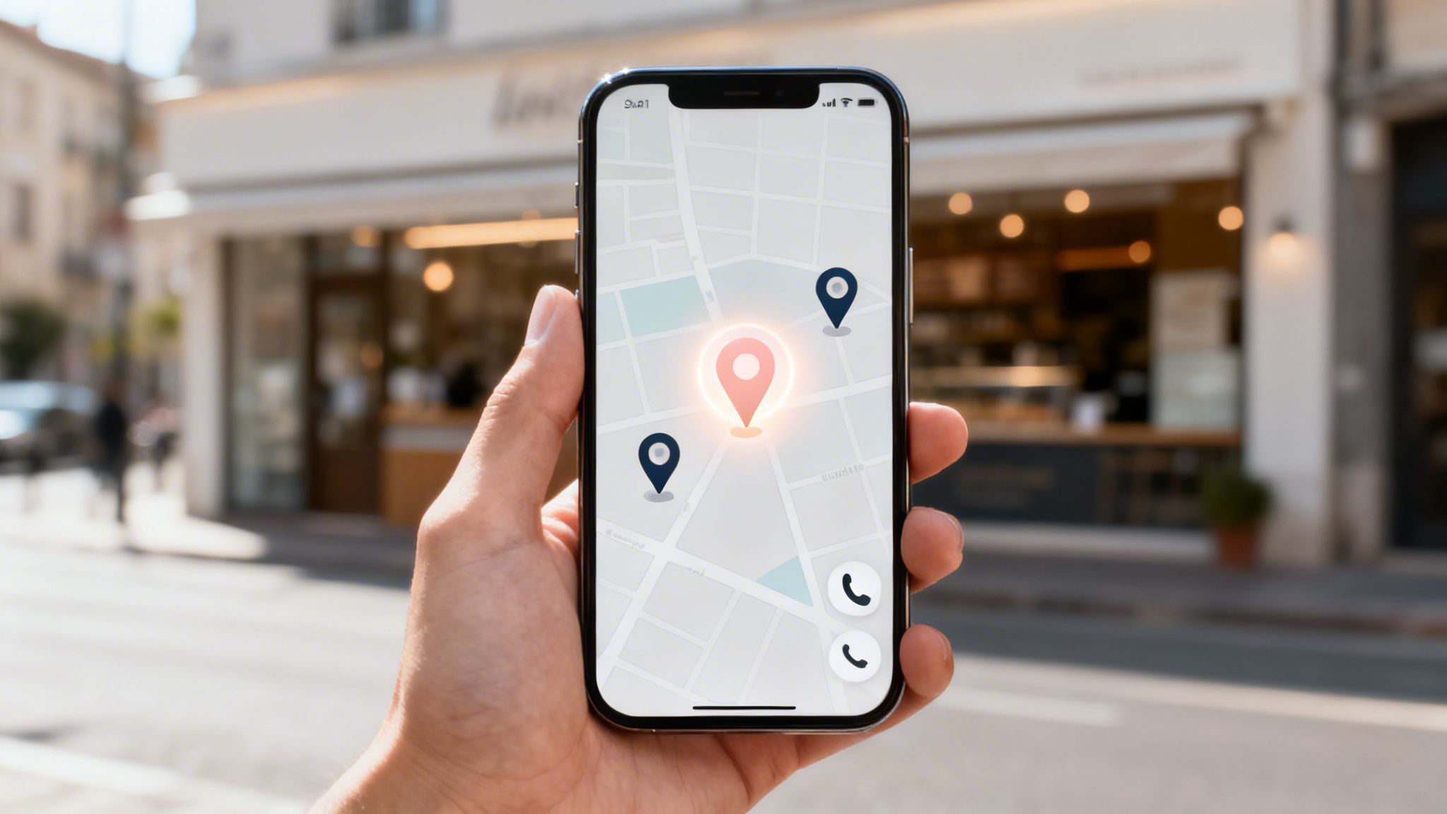Hand holding a smartphone displaying a map application with glowing location pins in a city street.