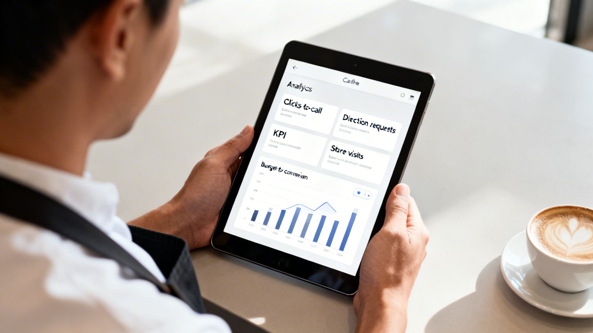 A person views business analytics for 'Caffe' on a tablet, with a coffee cup nearby.