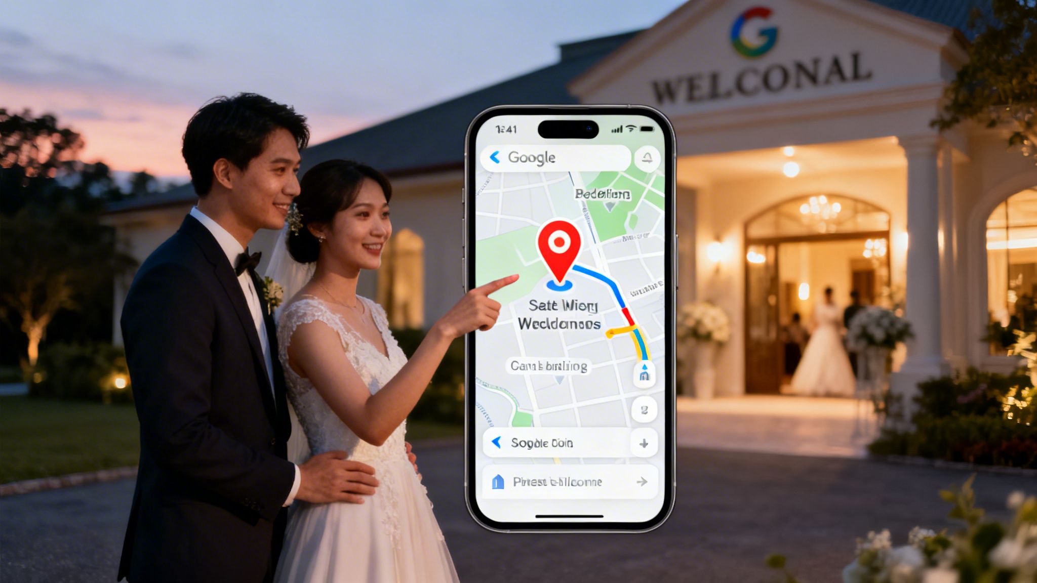 A bride and groom pointing at a smartphone displaying Google Maps directions to their wedding venue.