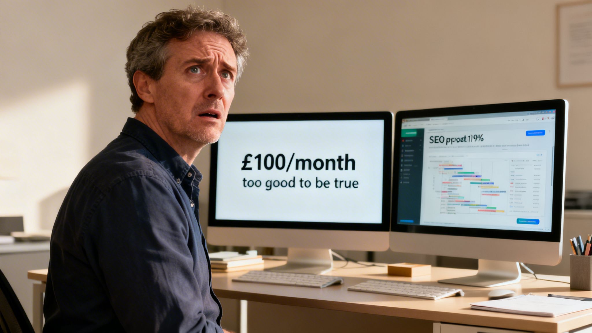 A concerned office worker looks at computer screens displaying pricing doubts about SEO service costs.