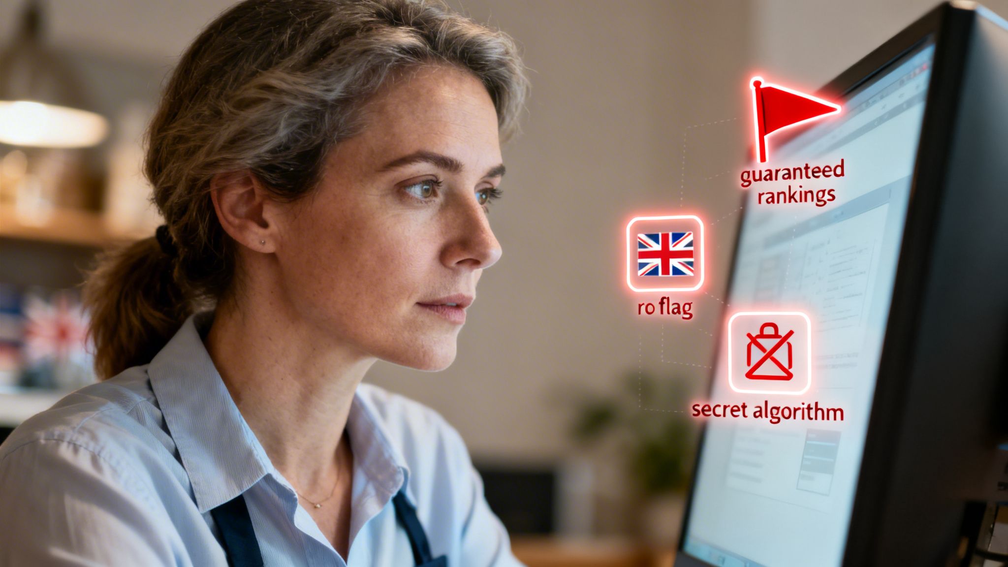 A professional woman looking at a computer screen displaying digital marketing concepts like guaranteed rankings and algorithms.