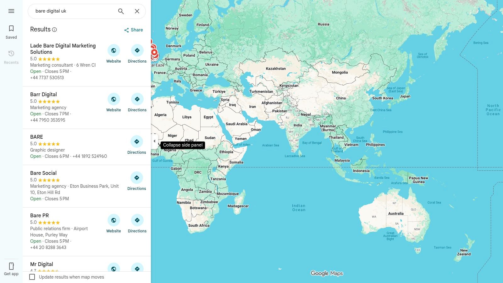 Screenshot from https://www.google.com/maps/search/bare+digital+uk/