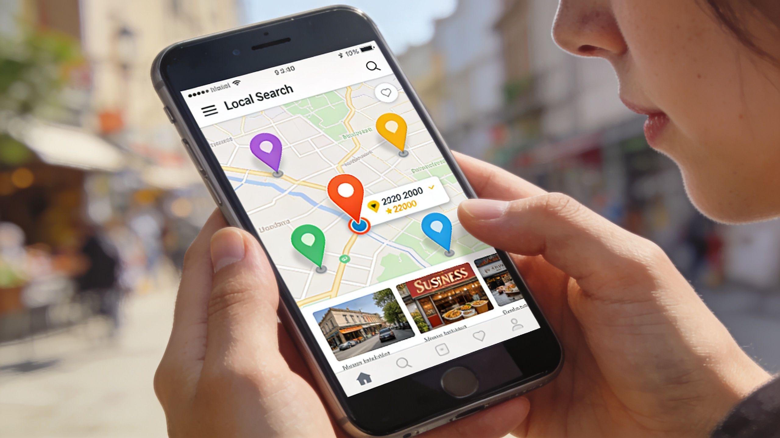 A person holding a smartphone showing a local business directory map interface with location pins and thumbnails.