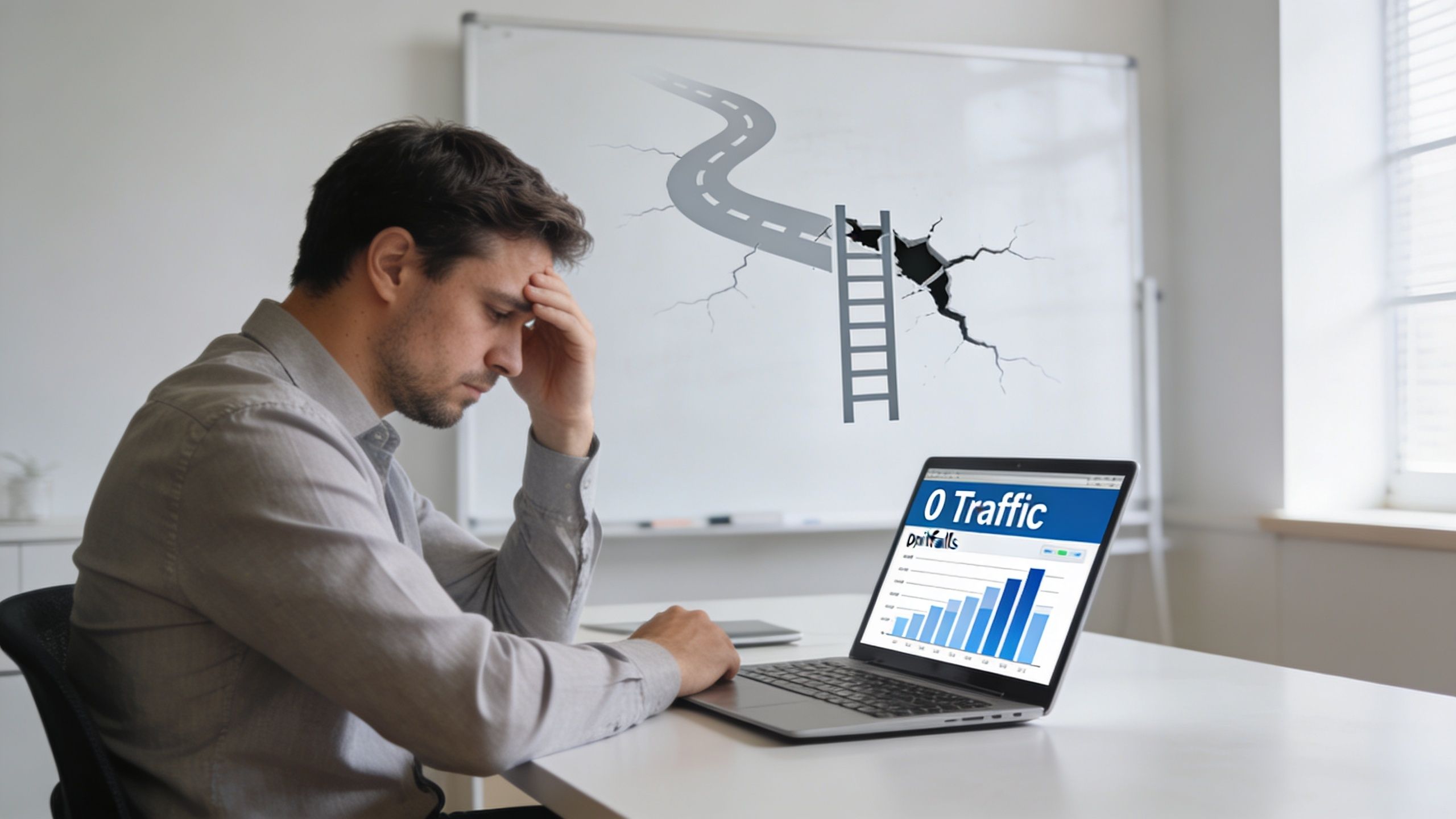A stressed man sitting at a desk looking at a laptop screen showing a traffic drop.