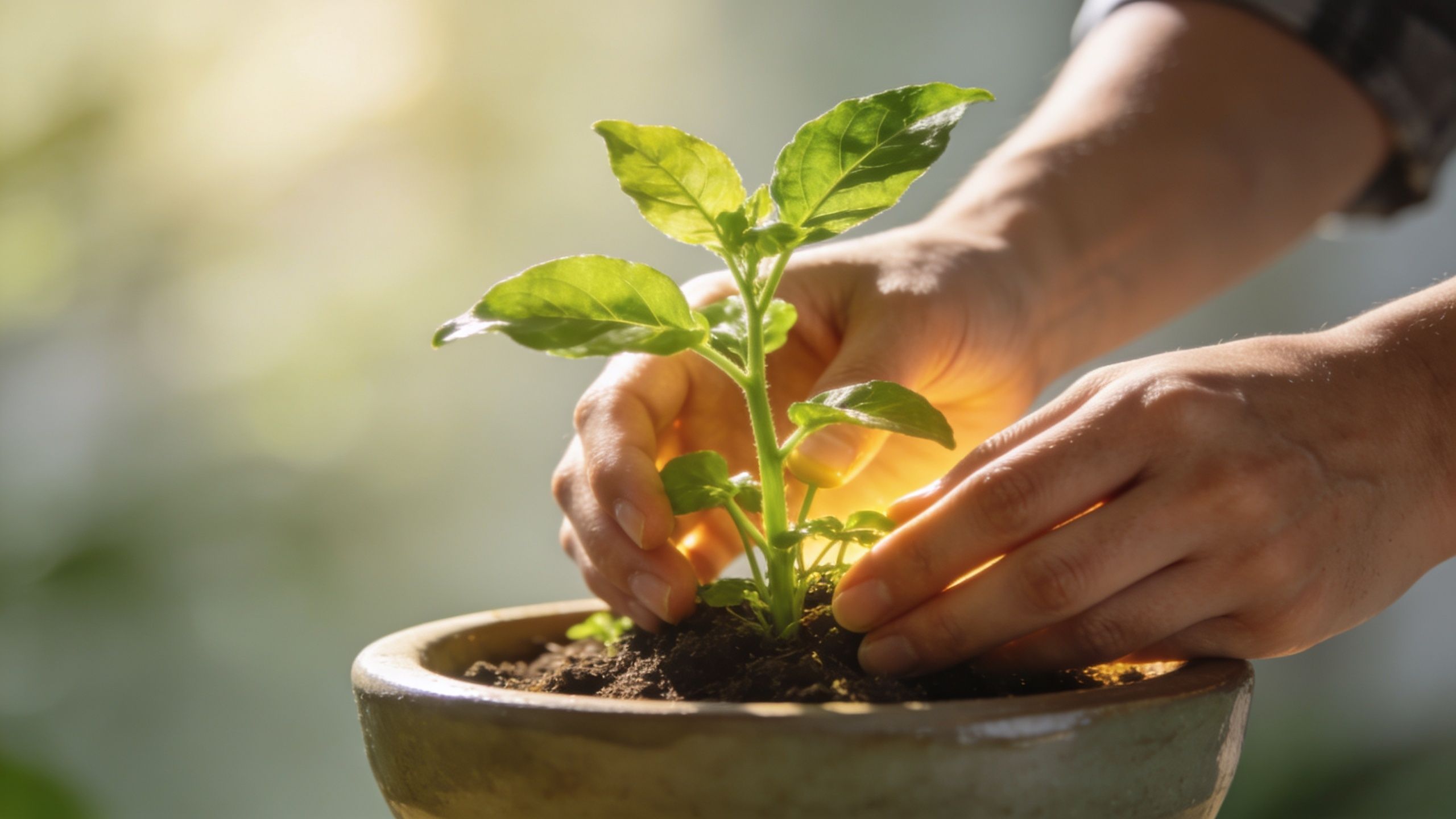 Close-up of a person's hands gently supporting a young green plant growing in a ceramic pot.