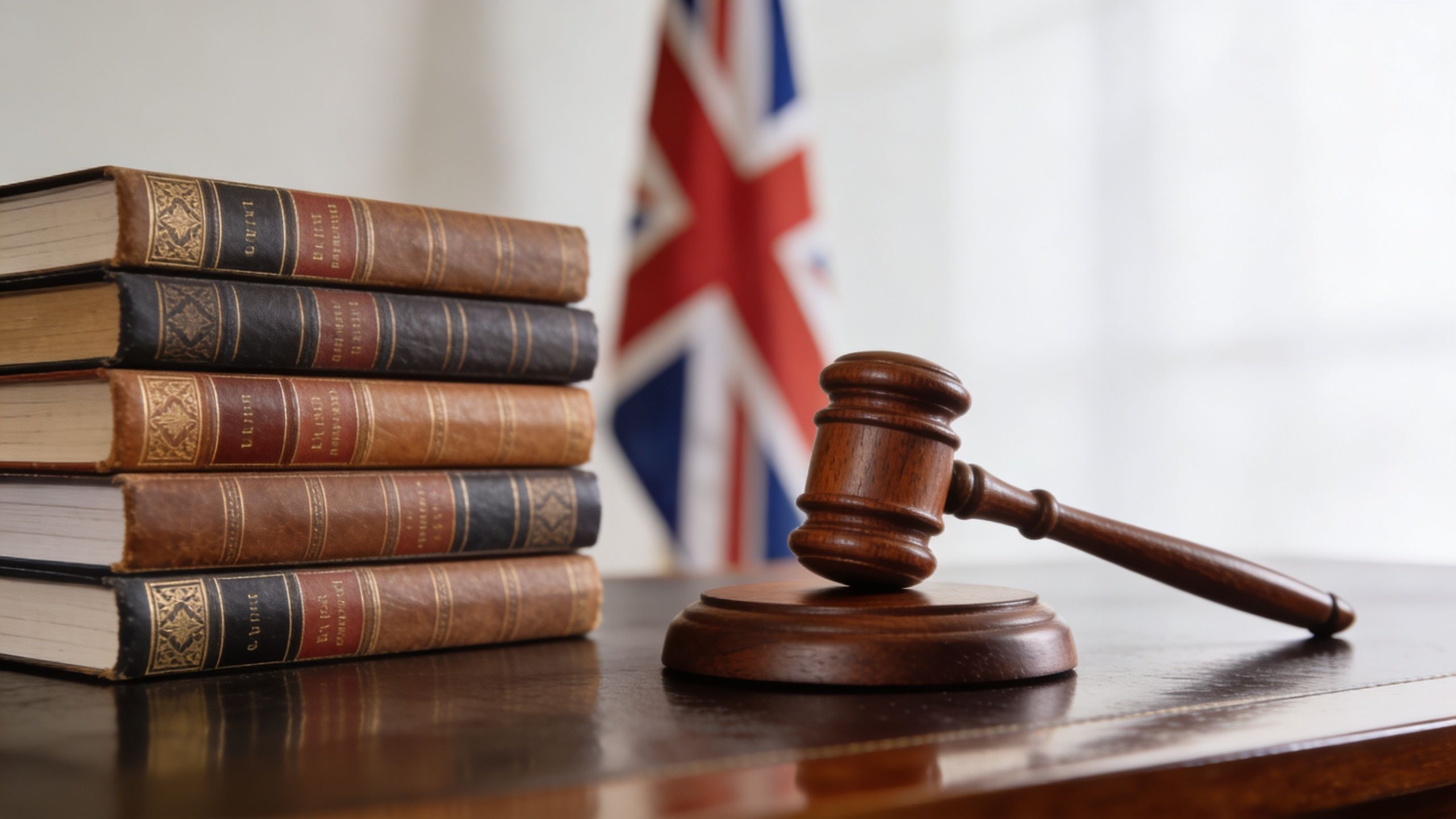 A wooden gavel resting on a table beside a stack of law books with a British flag behind.