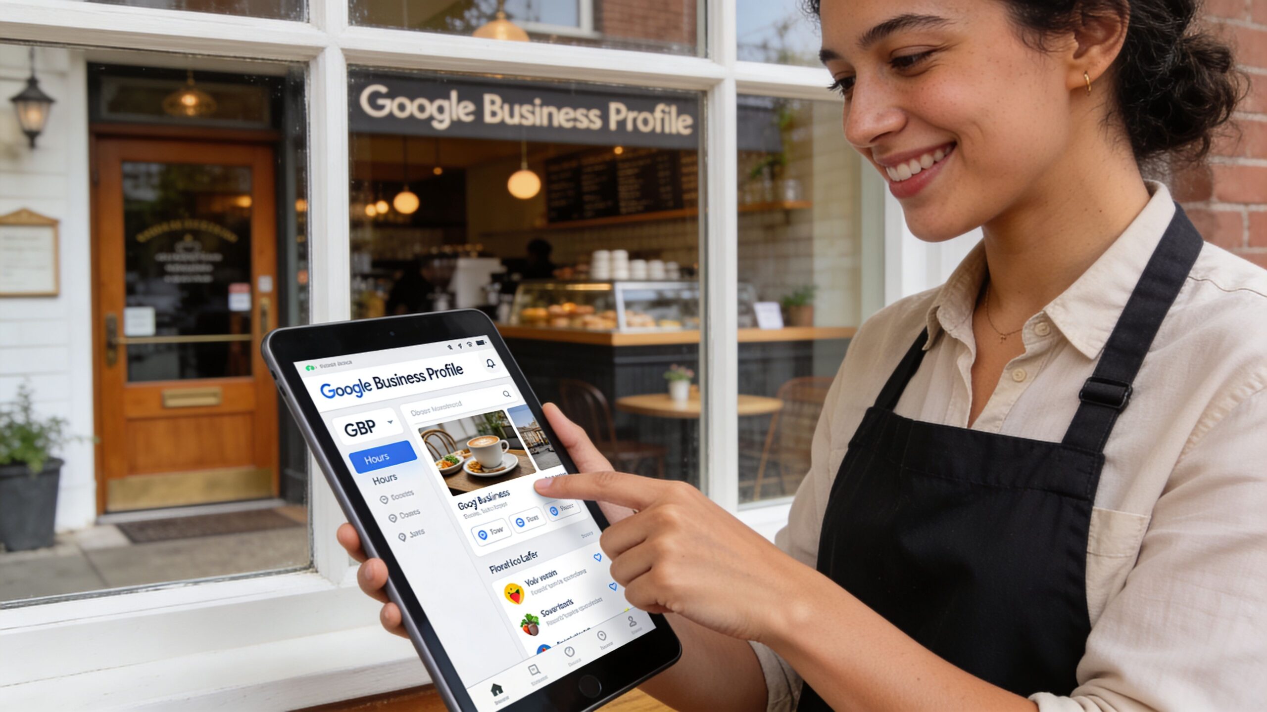 A smiling barista using a tablet to manage her coffee shop on Google Business Profile outdoors.