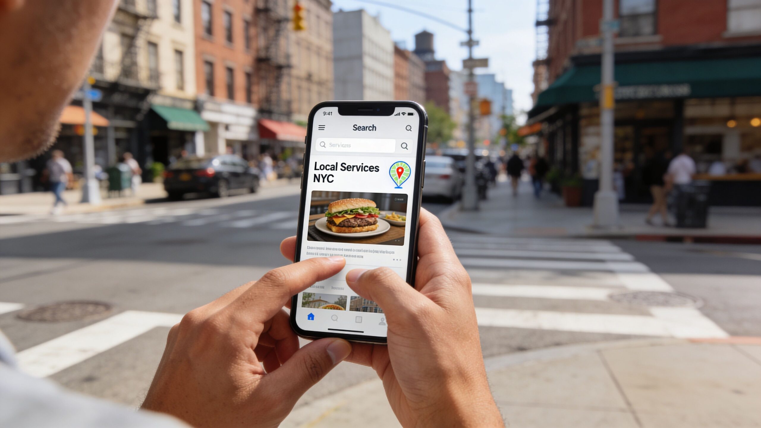 A person using a smartphone to search for local businesses on a busy city street.
