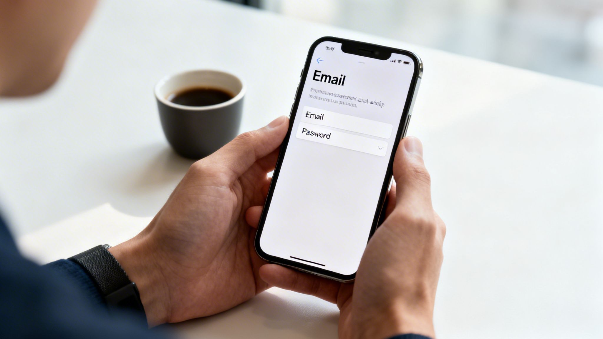 A person holds an iPhone displaying an email and password login screen, with a coffee cup nearby.