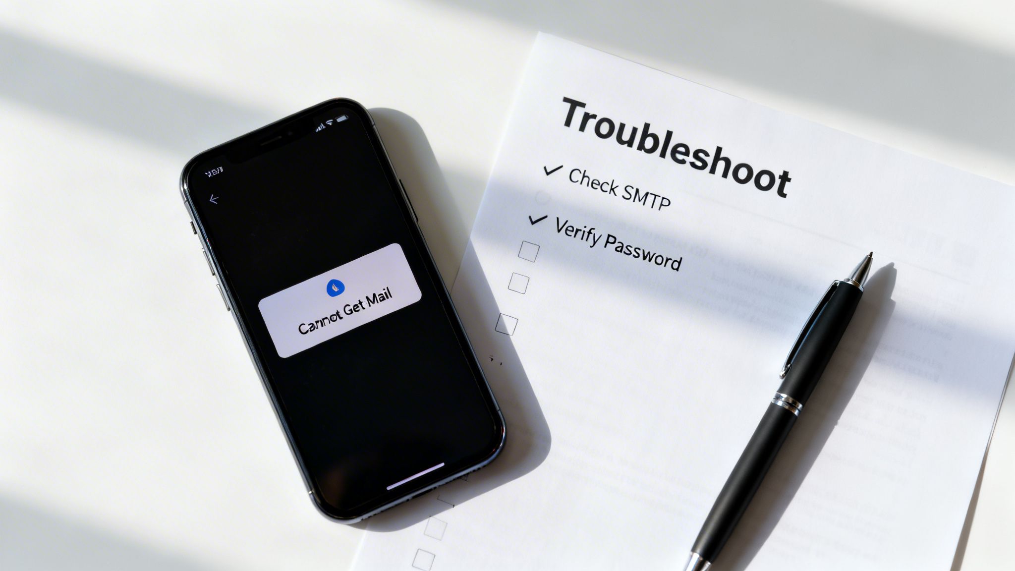 A smartphone displays a 'Cannot Get Mail' error next to an email troubleshooting checklist with two items checked.