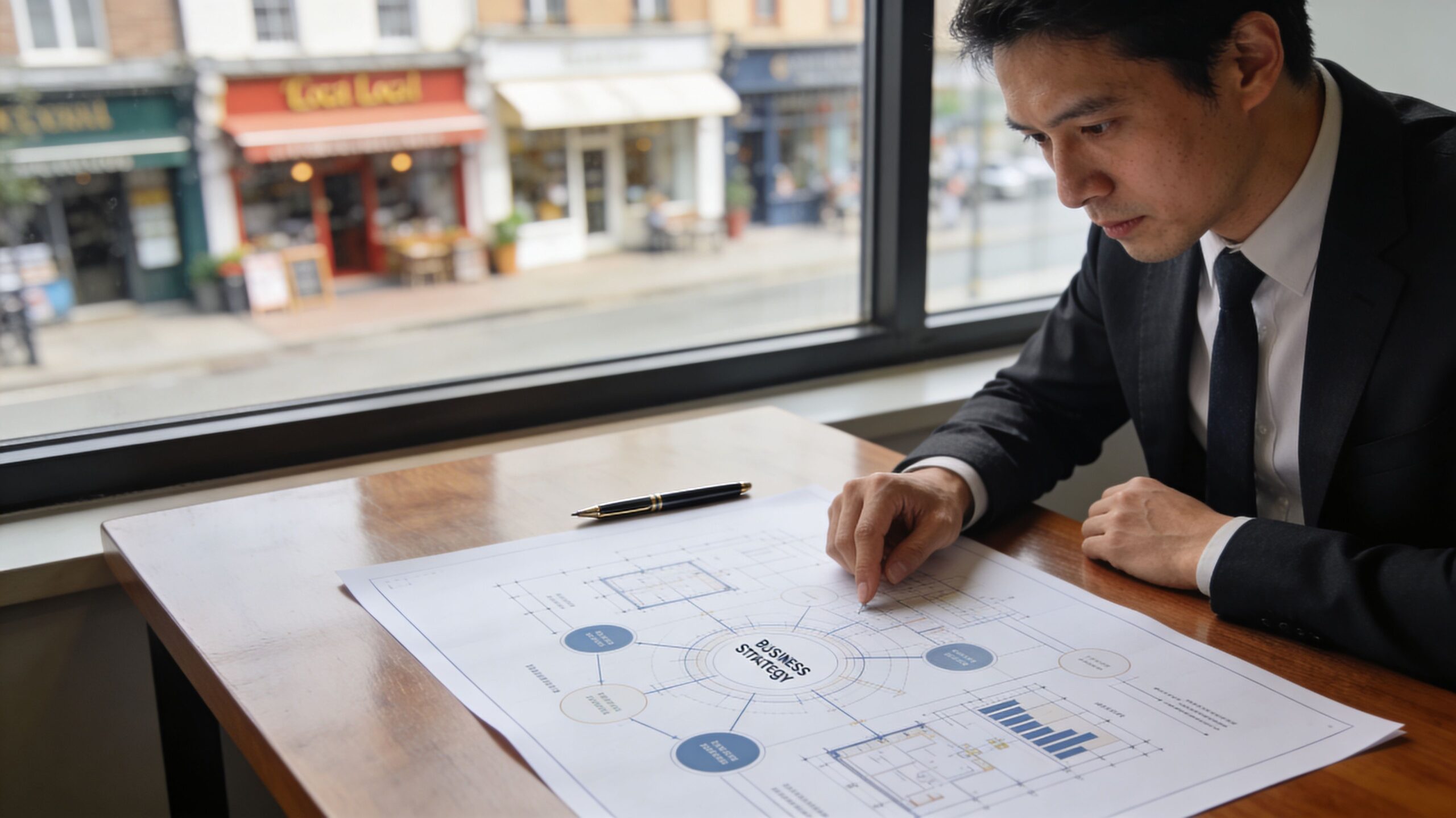 A professional businessman in a suit reviewing a business strategy architectural plan on a table by window.