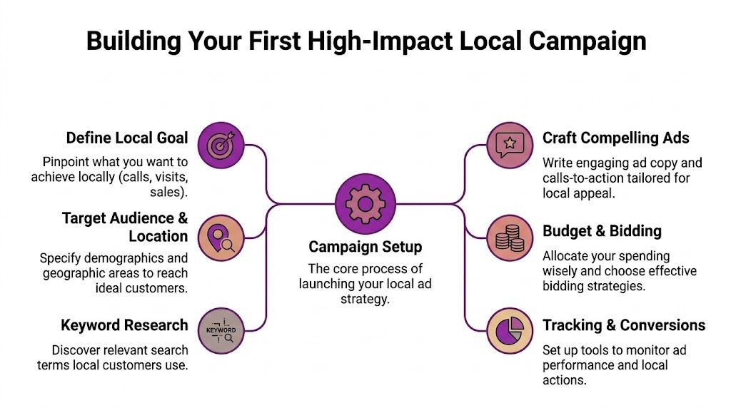 A diagram outlining the six key steps for building and launching a successful local advertising campaign.