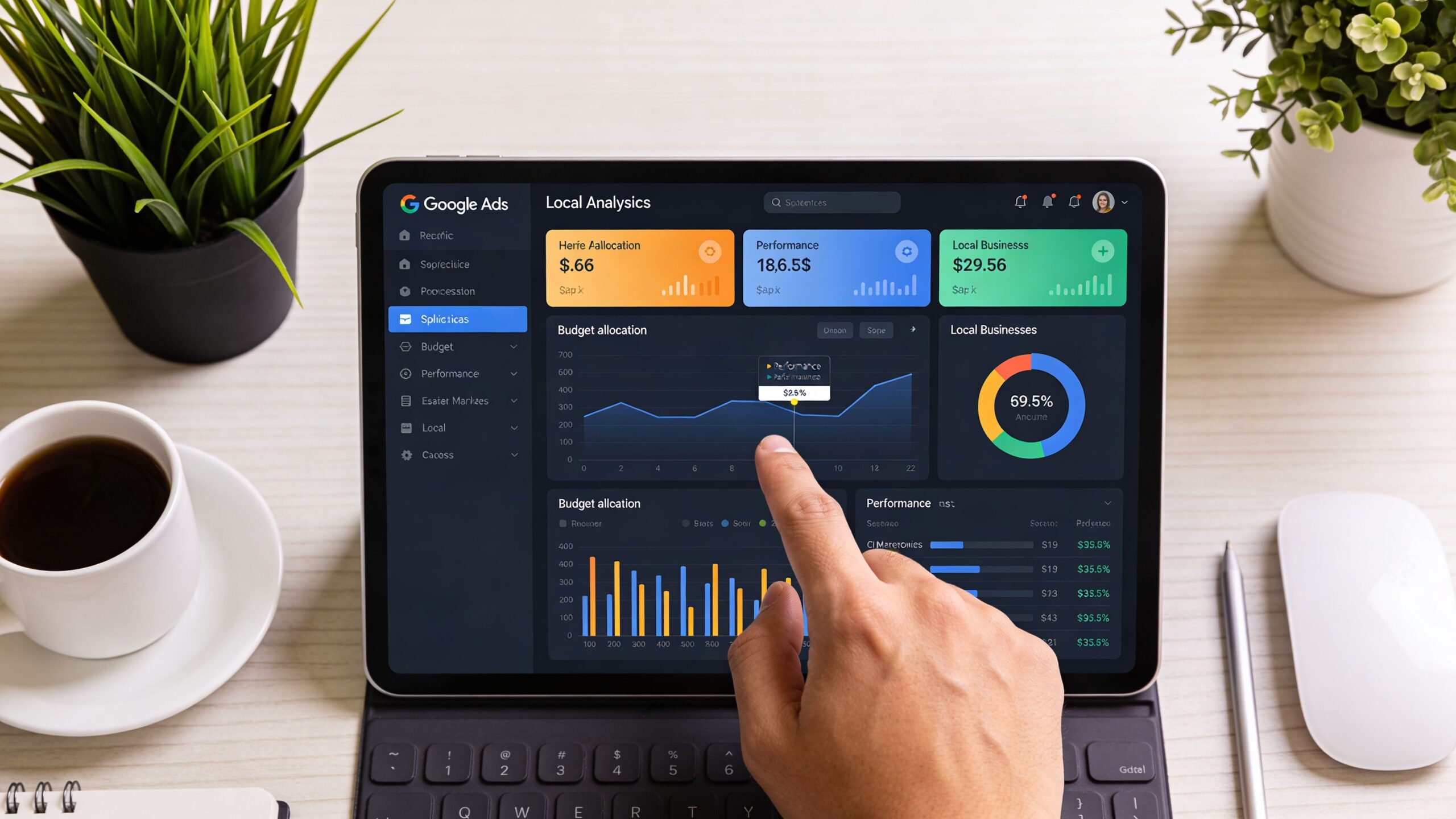 A person interacting with a Google Ads analytics dashboard on a tablet displayed on a desk workspace.