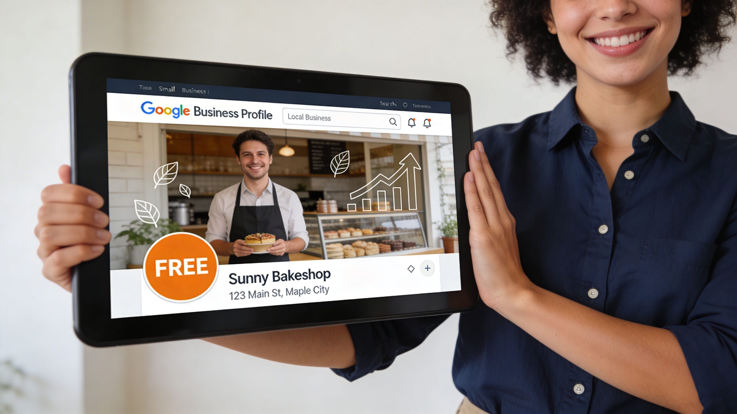 A smiling woman holding a tablet displaying a Google Business Profile page for a local bakery.