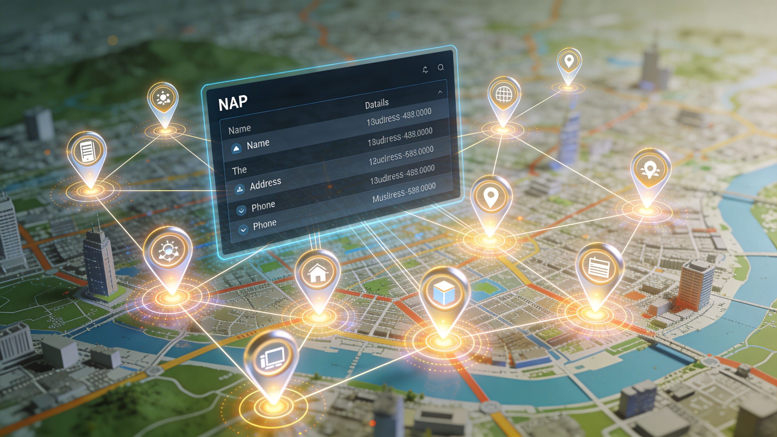 A 3D digital map display showing interconnected location pins with floating data tables for business NAP information.