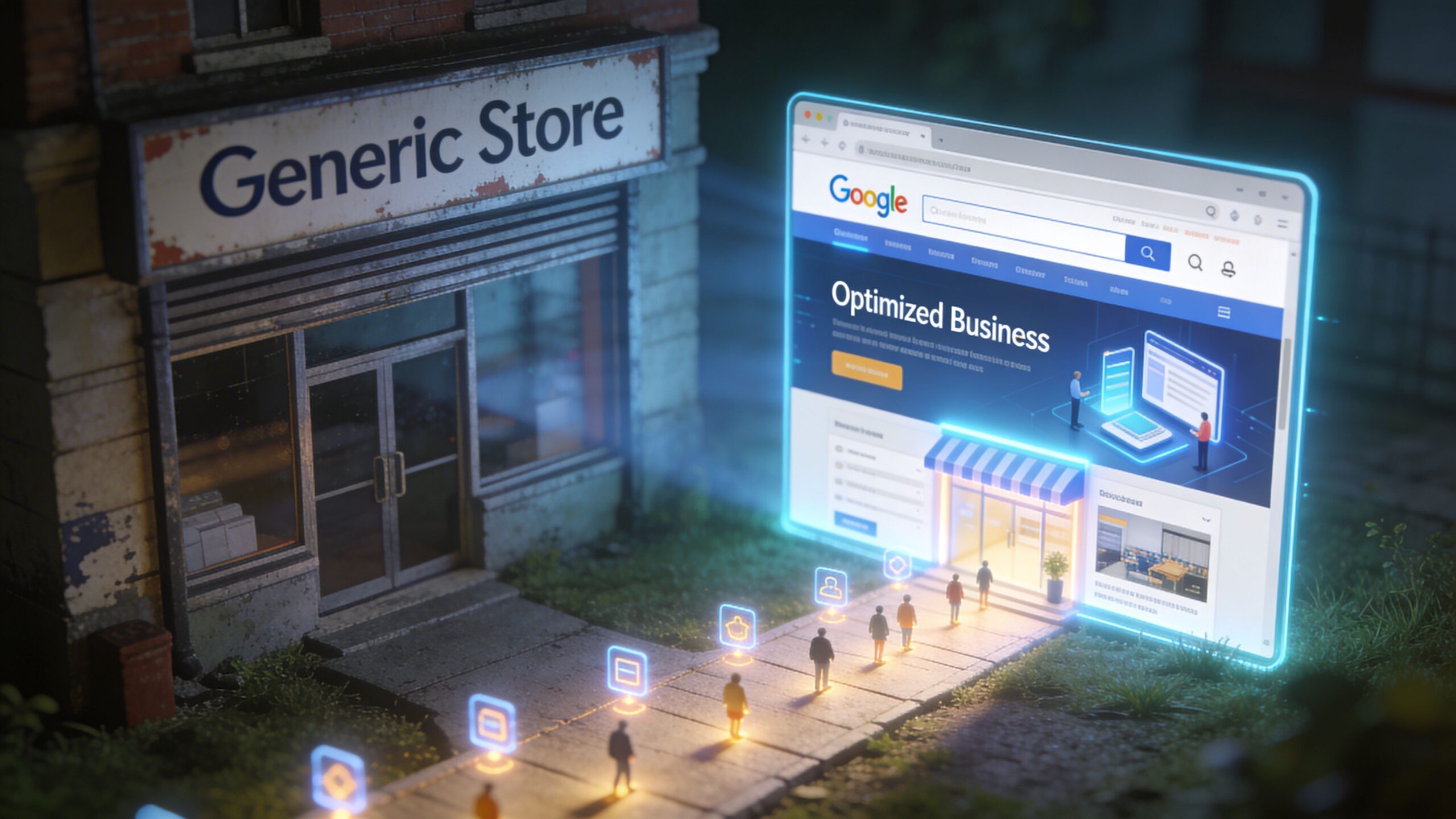 A conceptual illustration of a physical store transitioning into a digital Google business profile listing with customers.