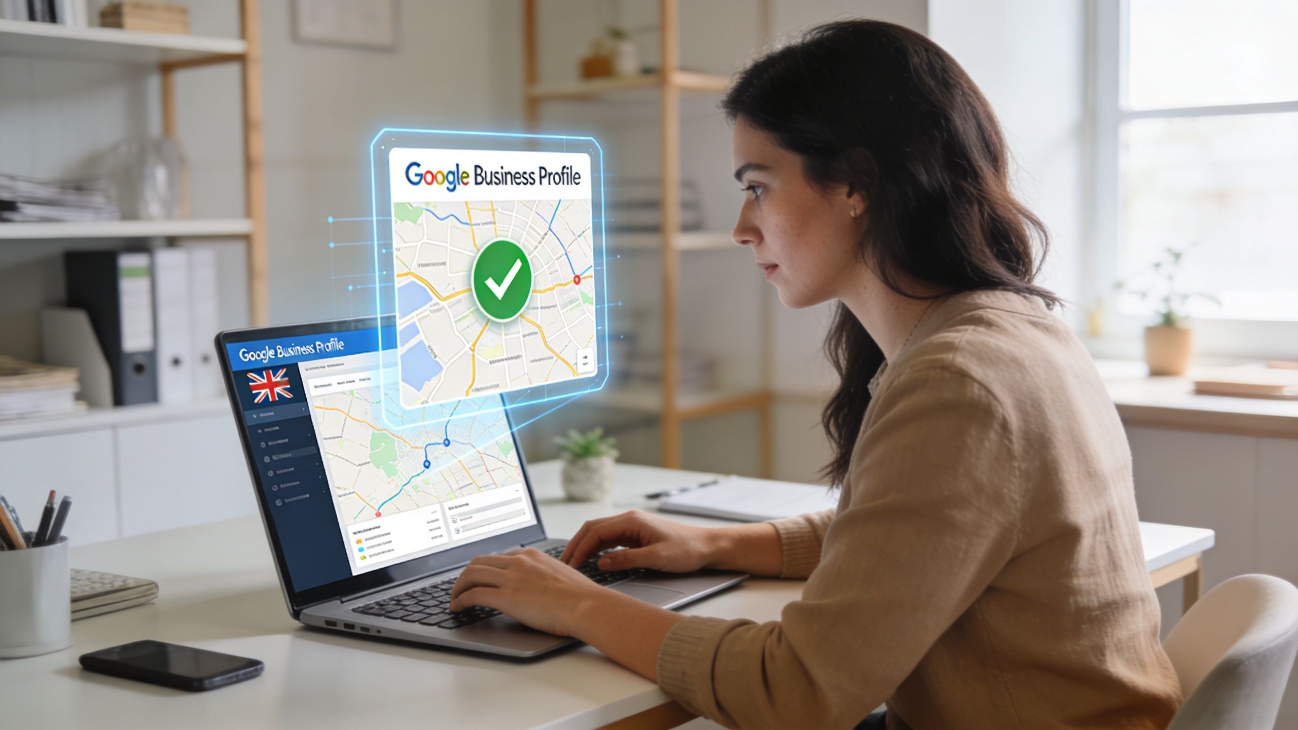 A woman using a laptop to manage her Google Business Profile account from a home office desk.