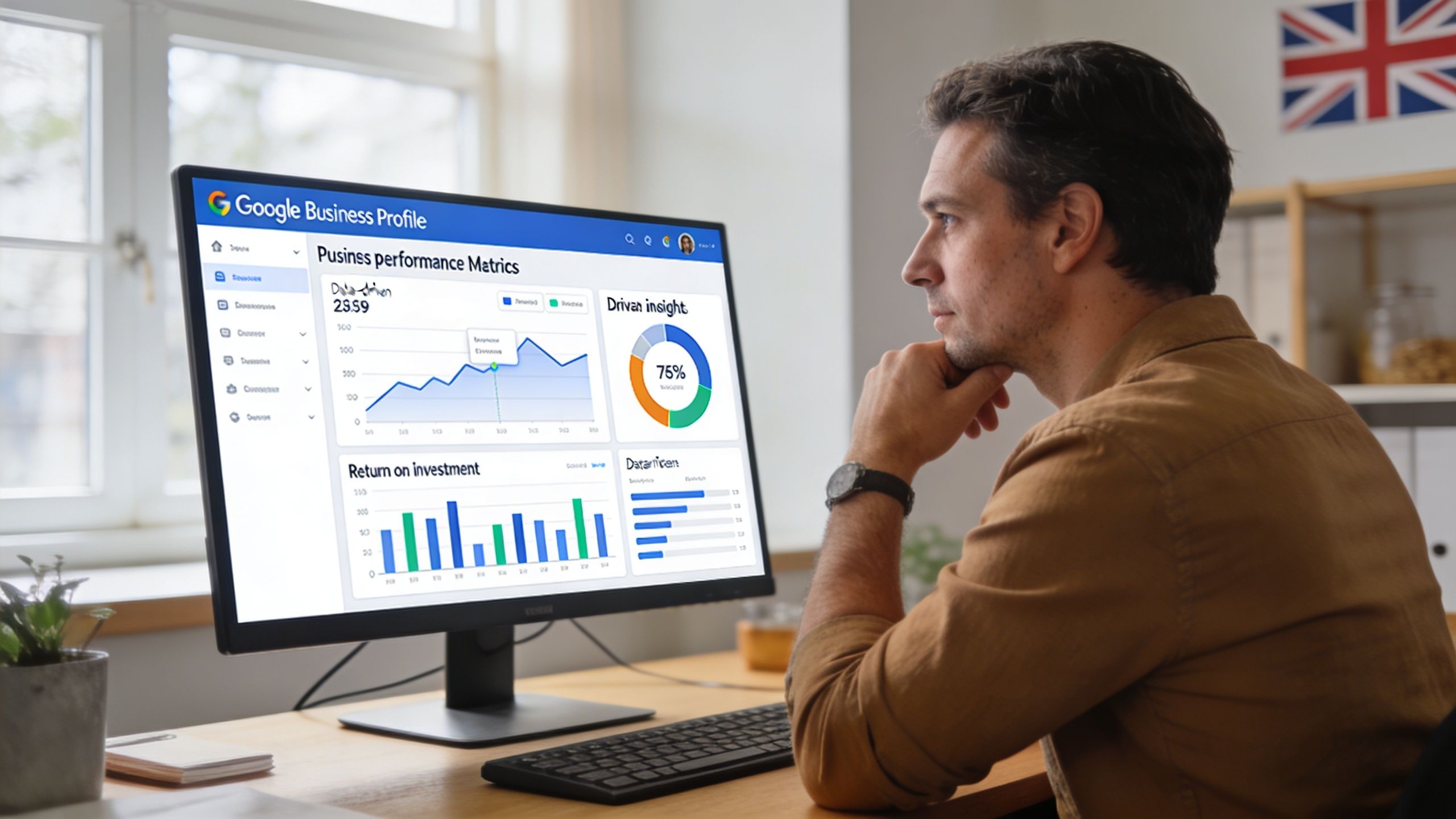 A professional man analyzing his Google Business Profile performance data on a computer monitor at his desk.