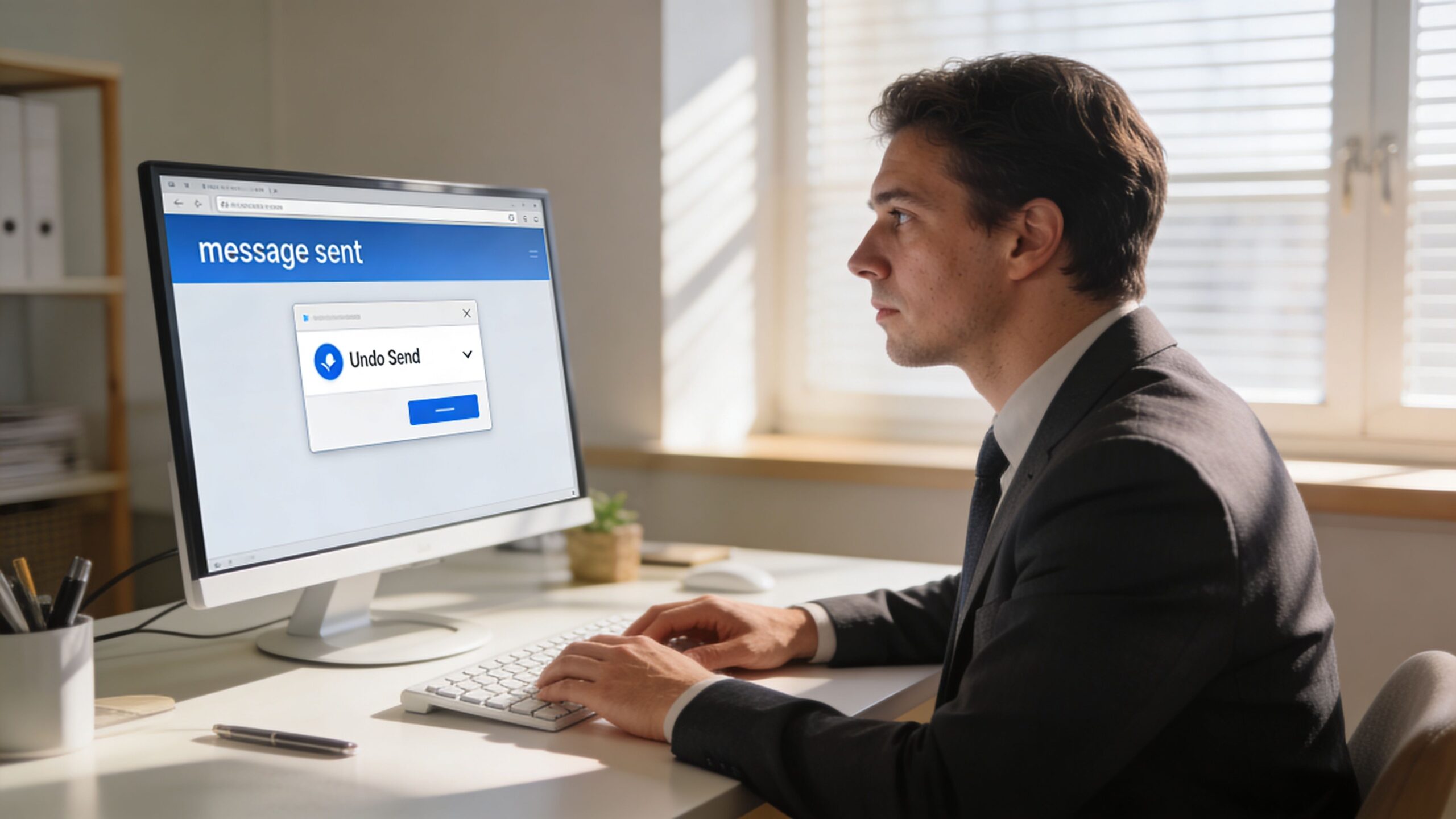 A professional man in a suit looking at a computer screen showing an undo send email notification.