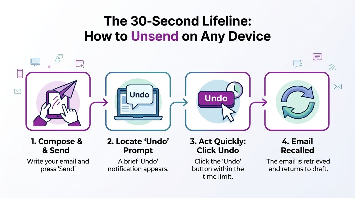 A step-by-step infographic illustrating how to recall and unsend an email message within a time limit.