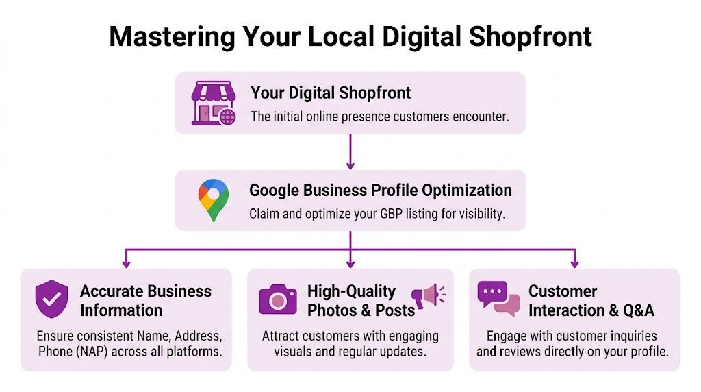 An infographic showing the steps to mastering a local digital shopfront through Google Business Profile optimization.