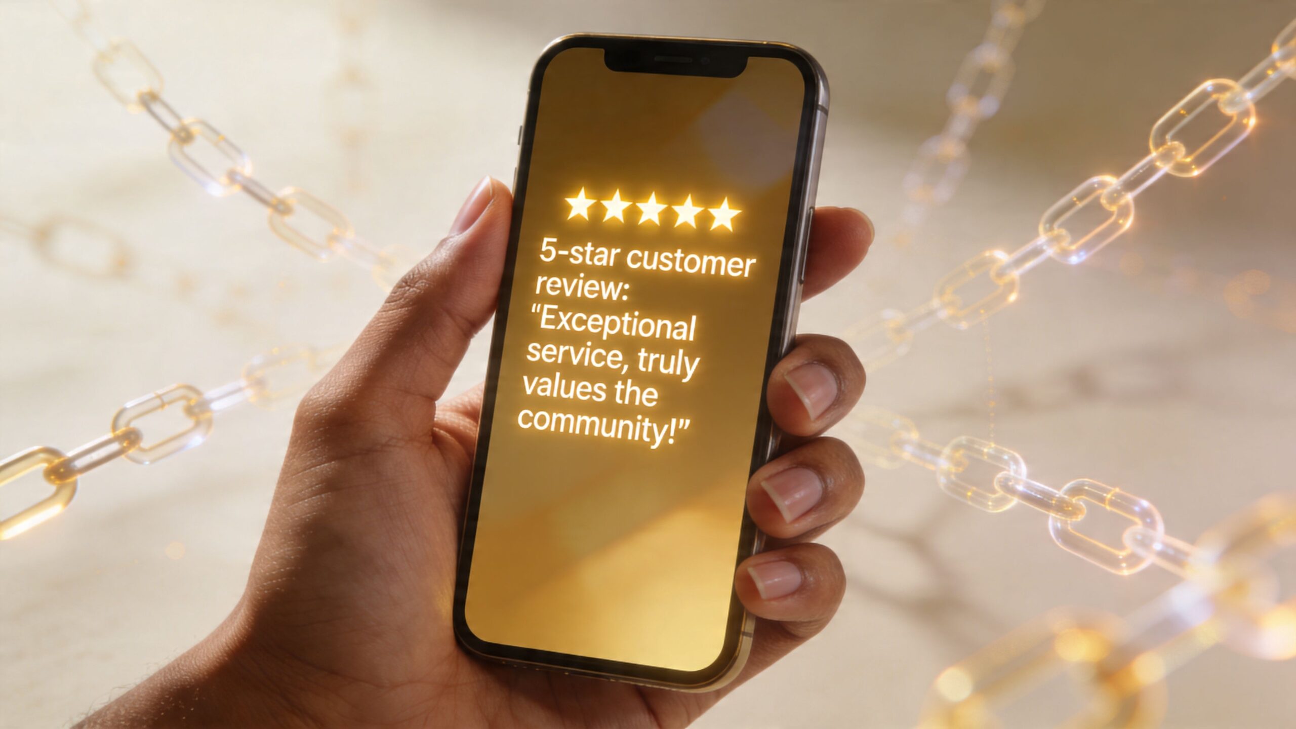 A hand holding a smartphone displaying a five star customer review highlighting exceptional service and community value.