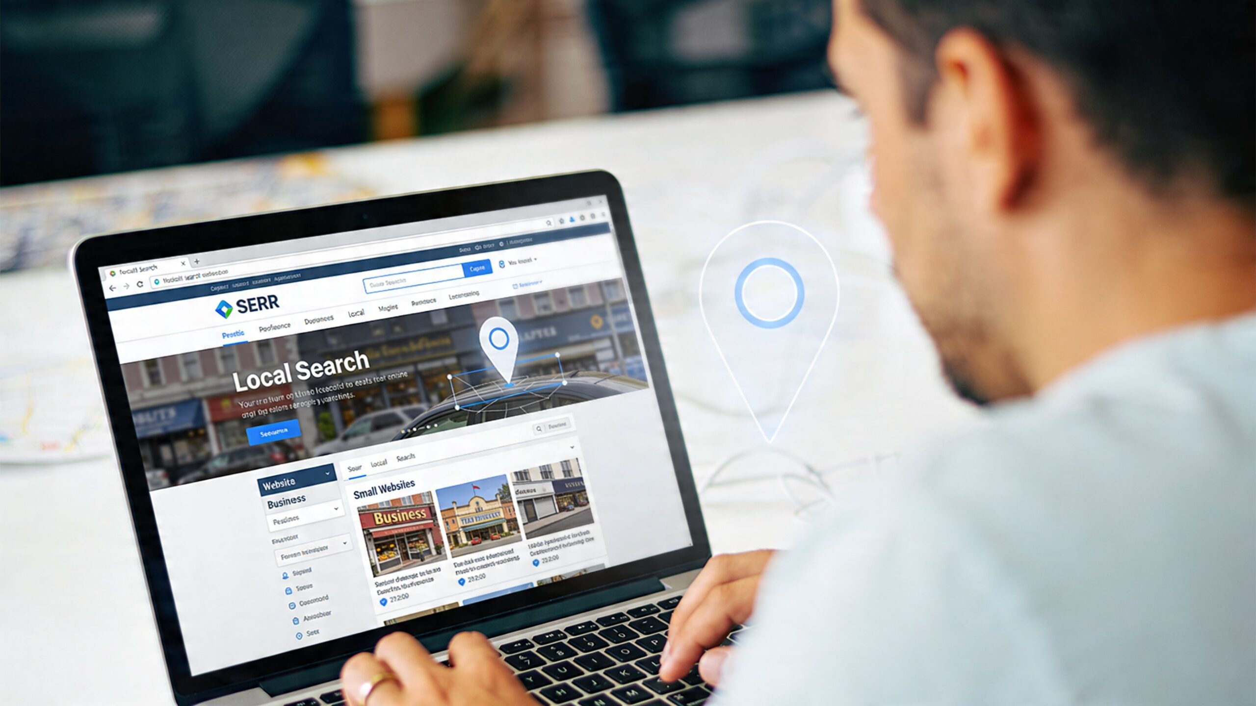 A person using a laptop to research local business marketing strategies online with location map icons overlayed.