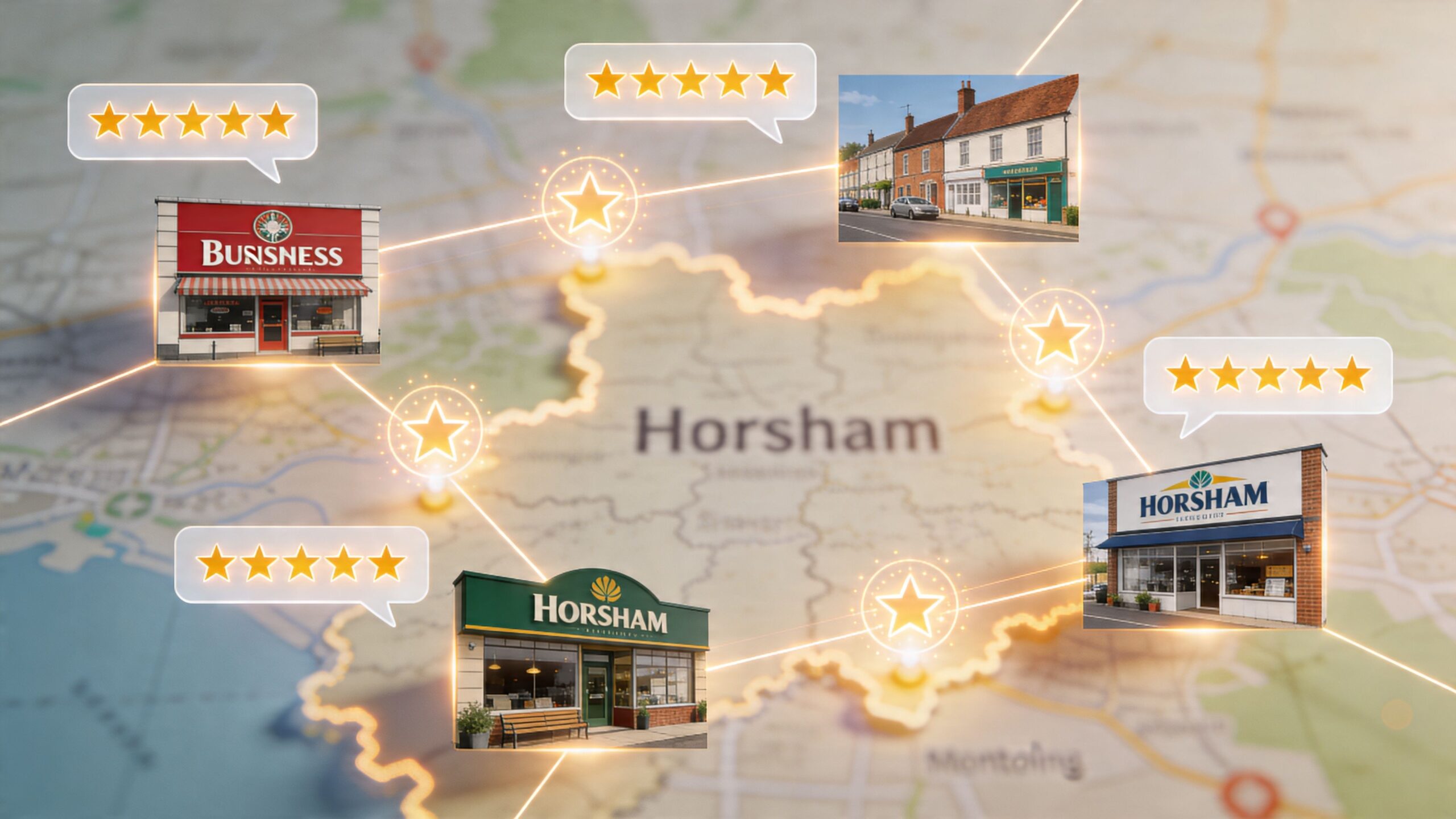 A conceptual map showing various business locations in Horsham highlighted with five-star ratings and connected by lines.