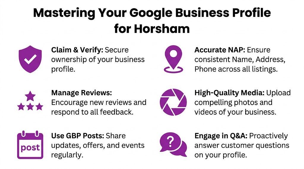 An infographic detailing six essential steps to optimize and master a Google Business Profile for Horsham businesses.