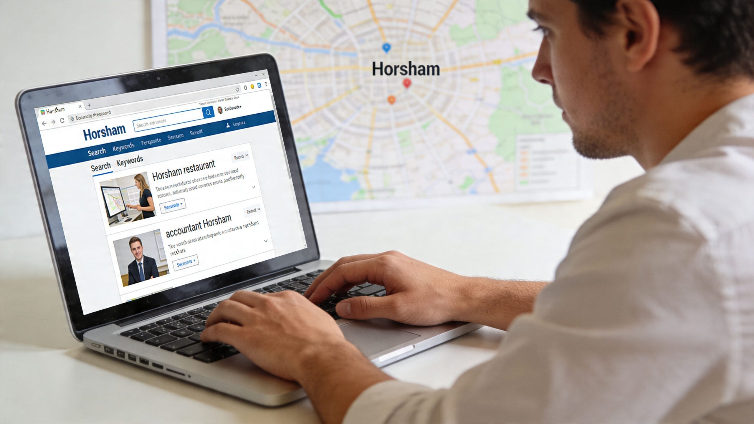 A man working on his laptop while researching local business listings for Horsham on the internet.